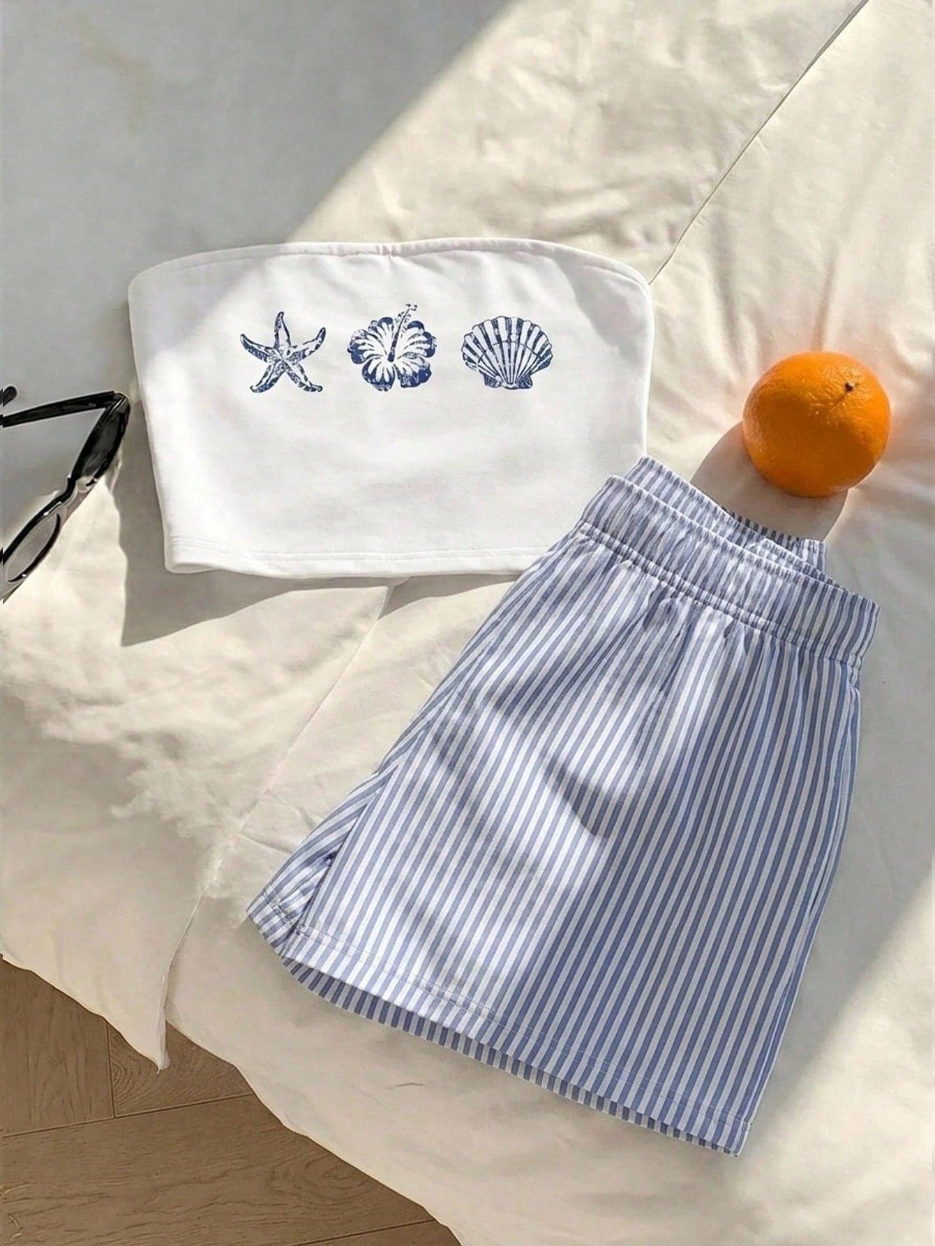 Tween Girl Tween Girl Starfish & Shell Print Tube Top And Striped Shorts Casual Daily Set