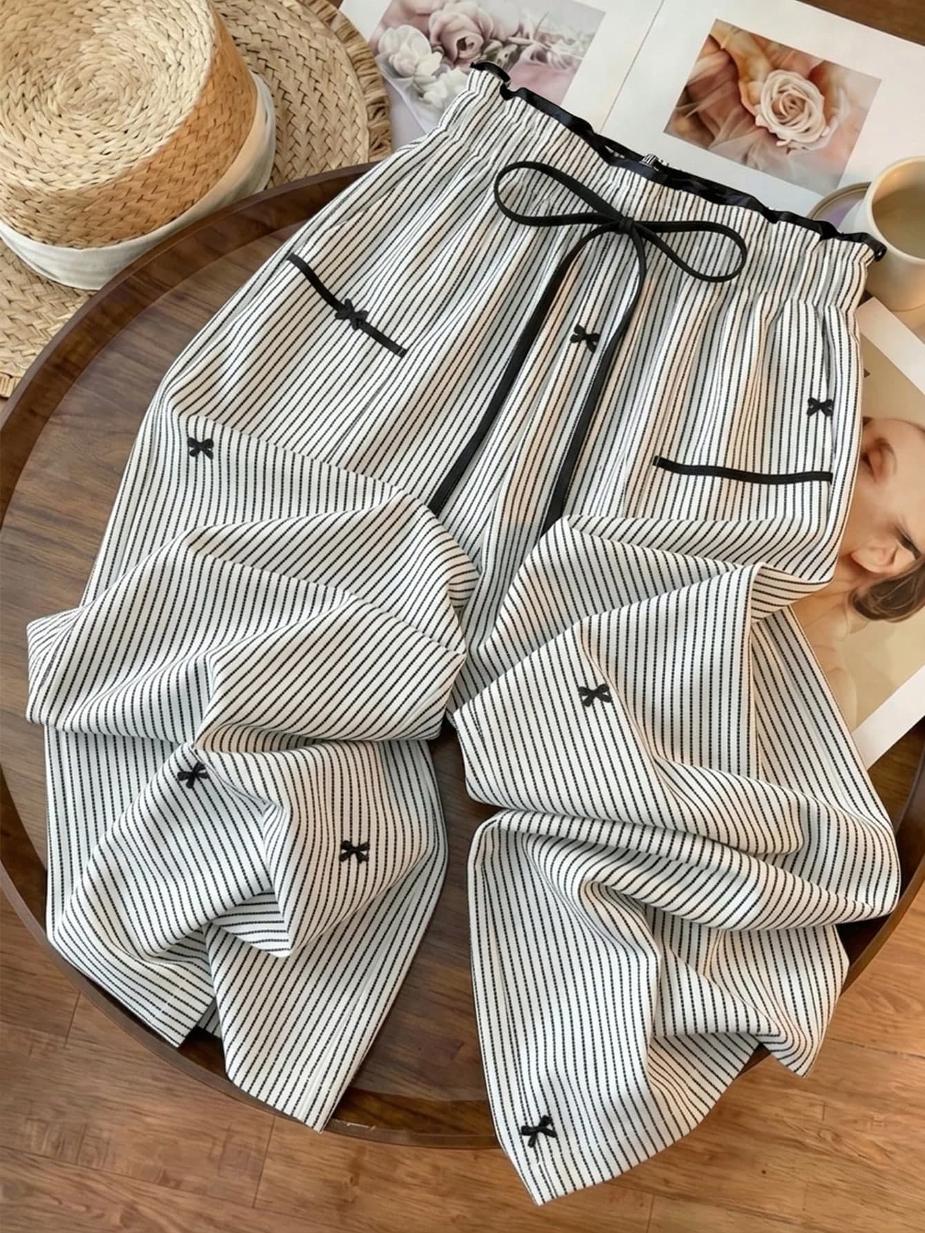 GlowEve CURVE Plus Size Striped Bowknot Casual High Waist Slimming Straight Leg Pants, Summer Outfits For Going Out And Office Commute Bottoms
