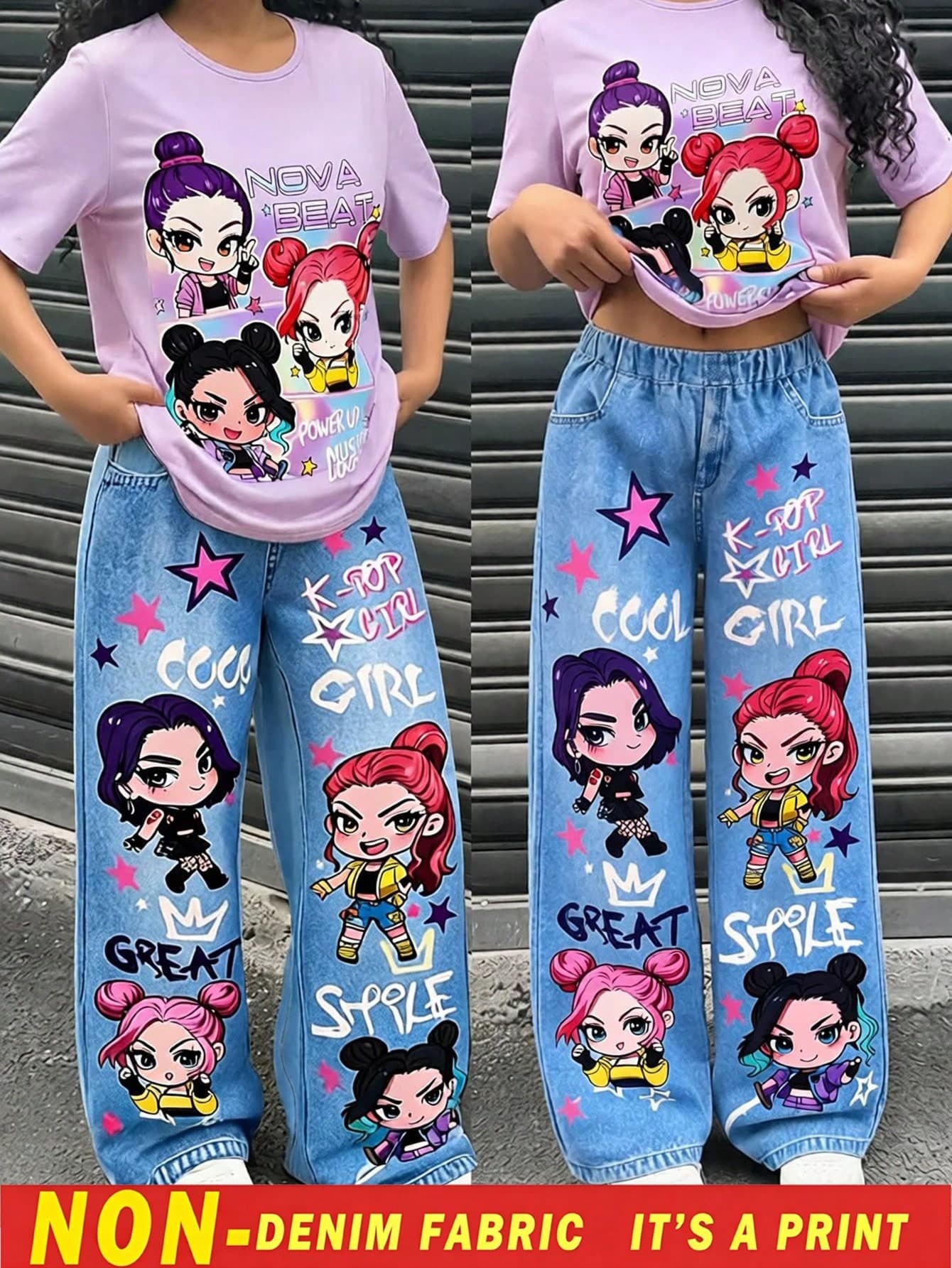 Genkimix Kids Lavender Girls' Set,Cute Girl Group Style Summer Short Sleeve Top & Graffiti Print Loose Wide-Leg Pants,Soft Breathable Back-To-School Outfit,School