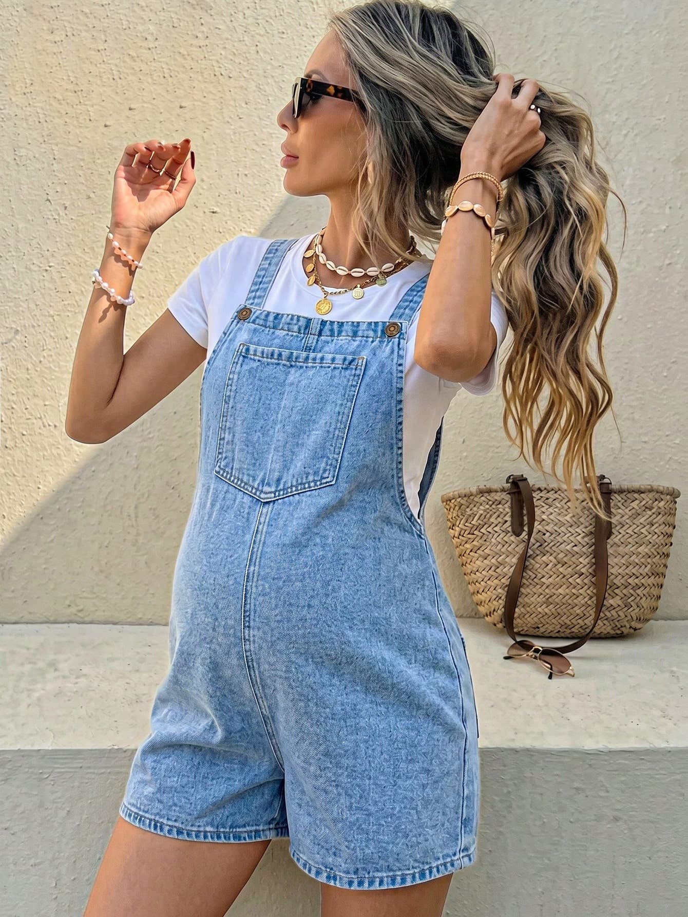SHEIN Maternity Casual Denim Overall Shorts With Pocket Design