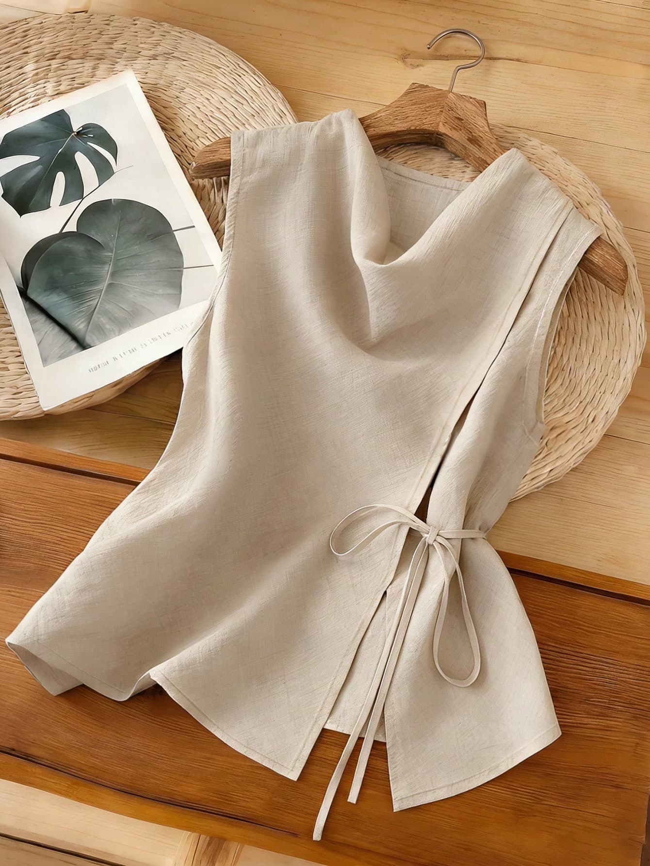 Franclia Light Beige Summer Effortless Chic Vacation Holiday Women's Asymmetrical Tie Waist Sleeveless Vest,Flared Neck Split Hem Tank Top Blouse,Korean Style