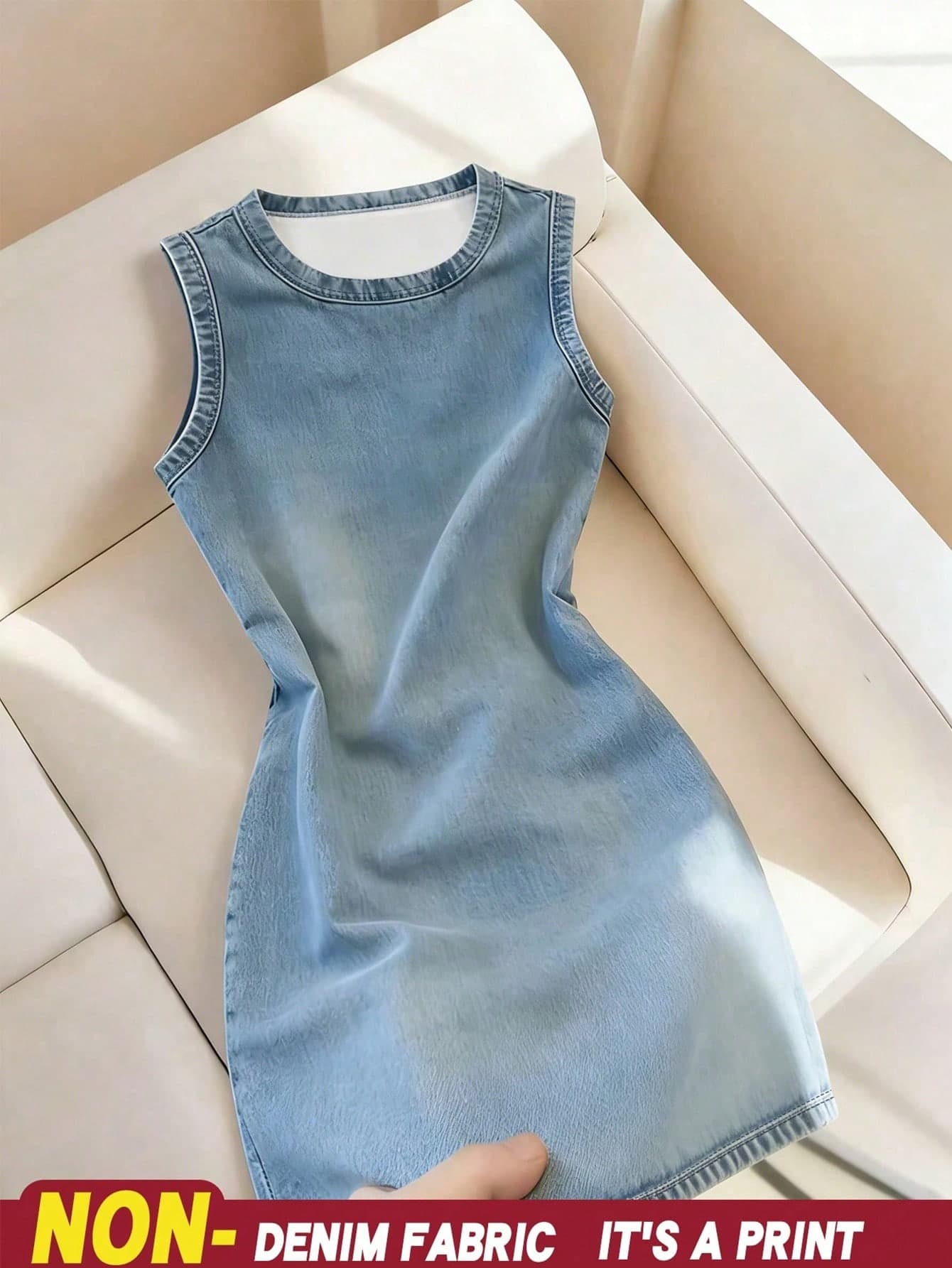Resyla Plus Size Women's Denim Effect Print Round Neck Sleeveless Casual Dress Fall