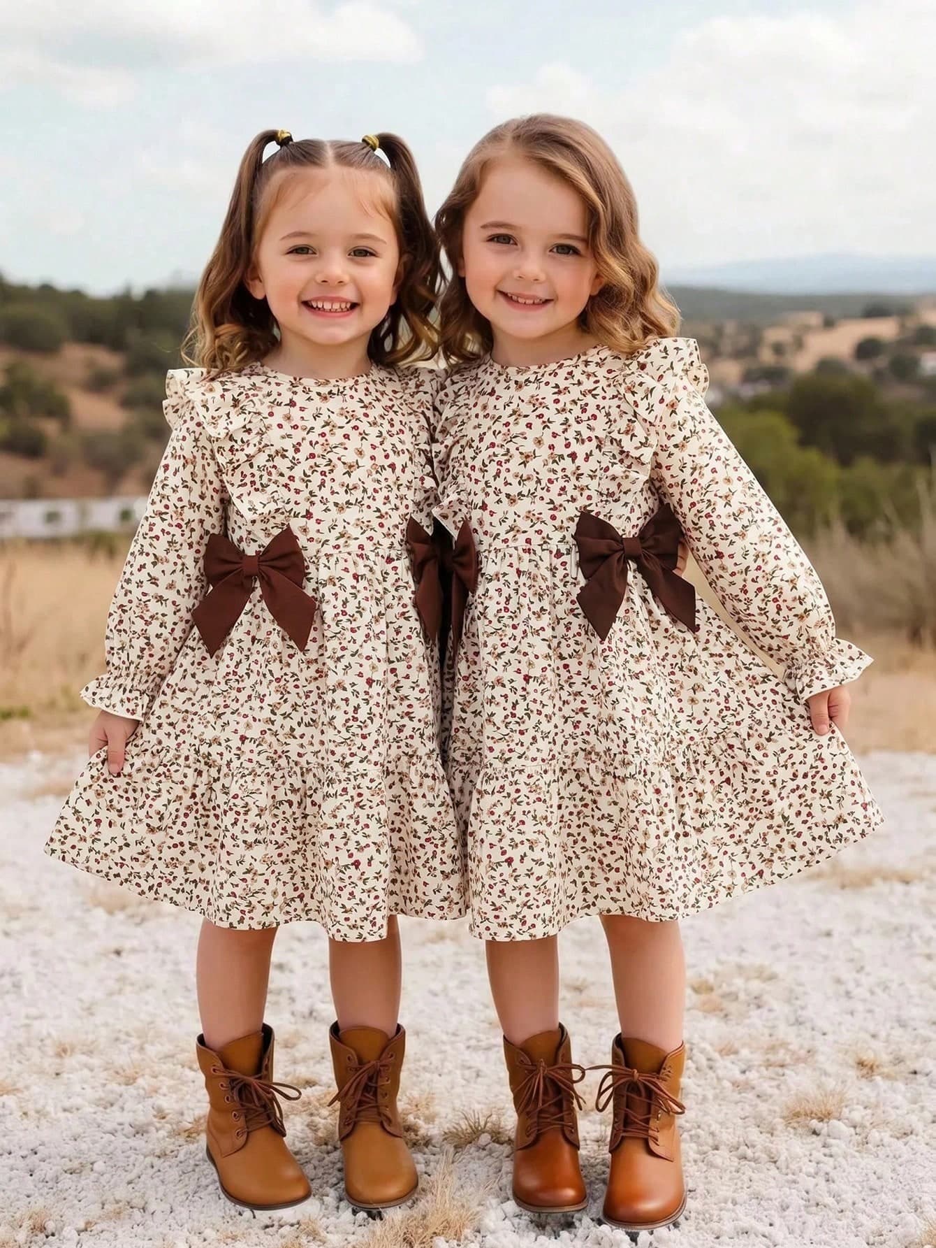 Emery Rose Kids Emery Rose Kids Young Girl Young Girl Young Girl Cute Flower Dress Casual And Fall OutfitsBrown Bowknot Decoration Long Sleeve Puffy