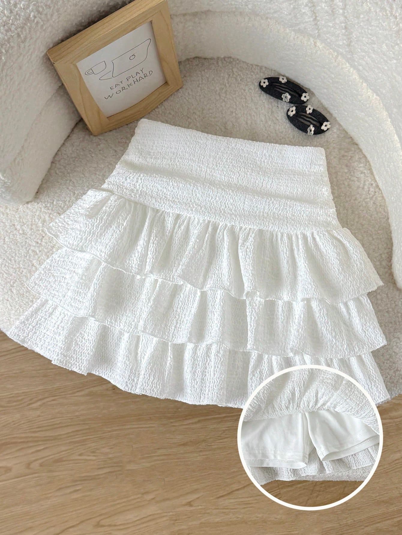 SHEIN Tween Girls Kids Casual Elegant Knitted Textured Striped Cute Multi-Layered Mini Cake Dress With Built-In Anti-Exposure Shorts, Y2K Young Fashion Outfit, Suitable For Back To School, Daily Wear, White Mini Skirt