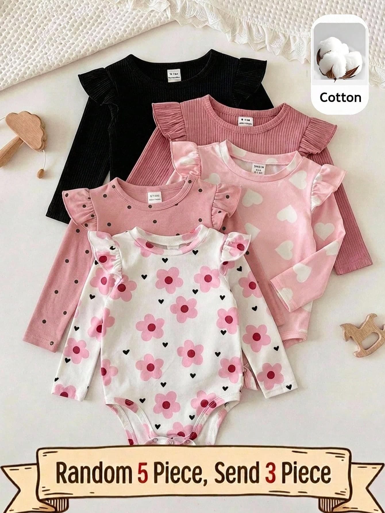 SHEIN 3pcs Baby Girl Knitted Polka Dot Heart Floral Pattern Cap Sleeve Autumn Bodysuit Suitable For Winter Innerwear