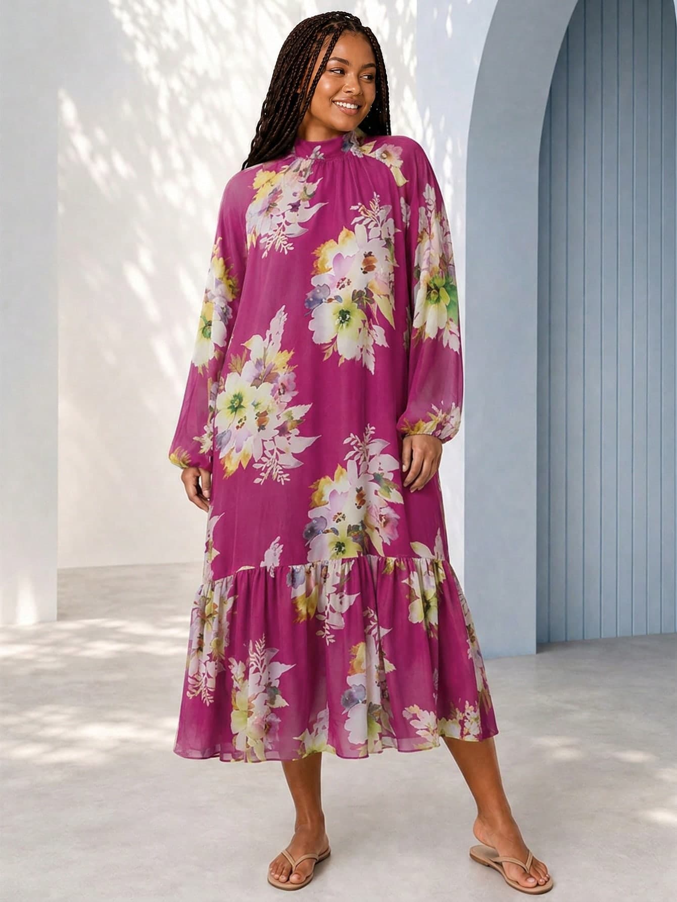 ELLERISSA Plus Size Magenta Floral High Neck Raglan Sleeve Dropped Waist Midi Dress Fall