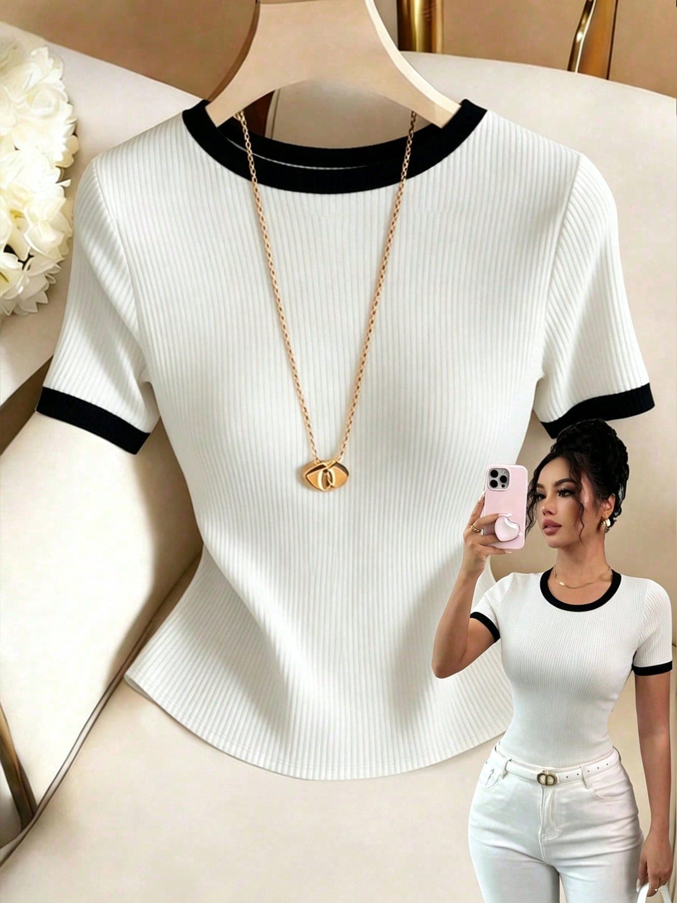 Elenzga Women's Colorblock Round Neck Short Sleeve Casual Ribbed T-Shirt