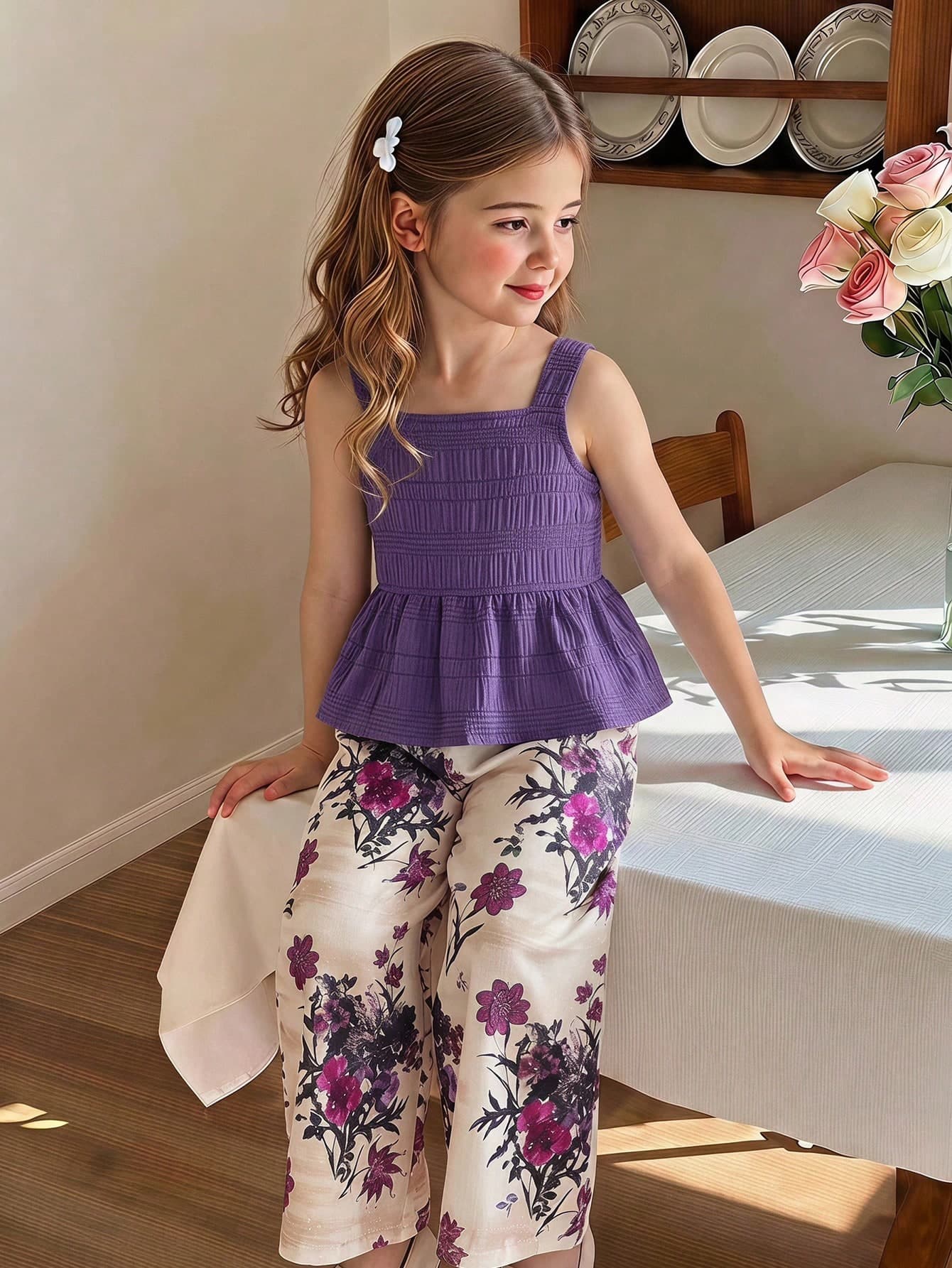 SHEIN Genkimix Kids European & American Style Young Girls Summer Heart Print Camisole Top + Wide Leg Long Pants 2-Piece Set, Textured Bubble Fabric, Skin-Friendly, Sweet & Cute, Suitable For 4-7Y Girls, Perfect For Outdoor Play