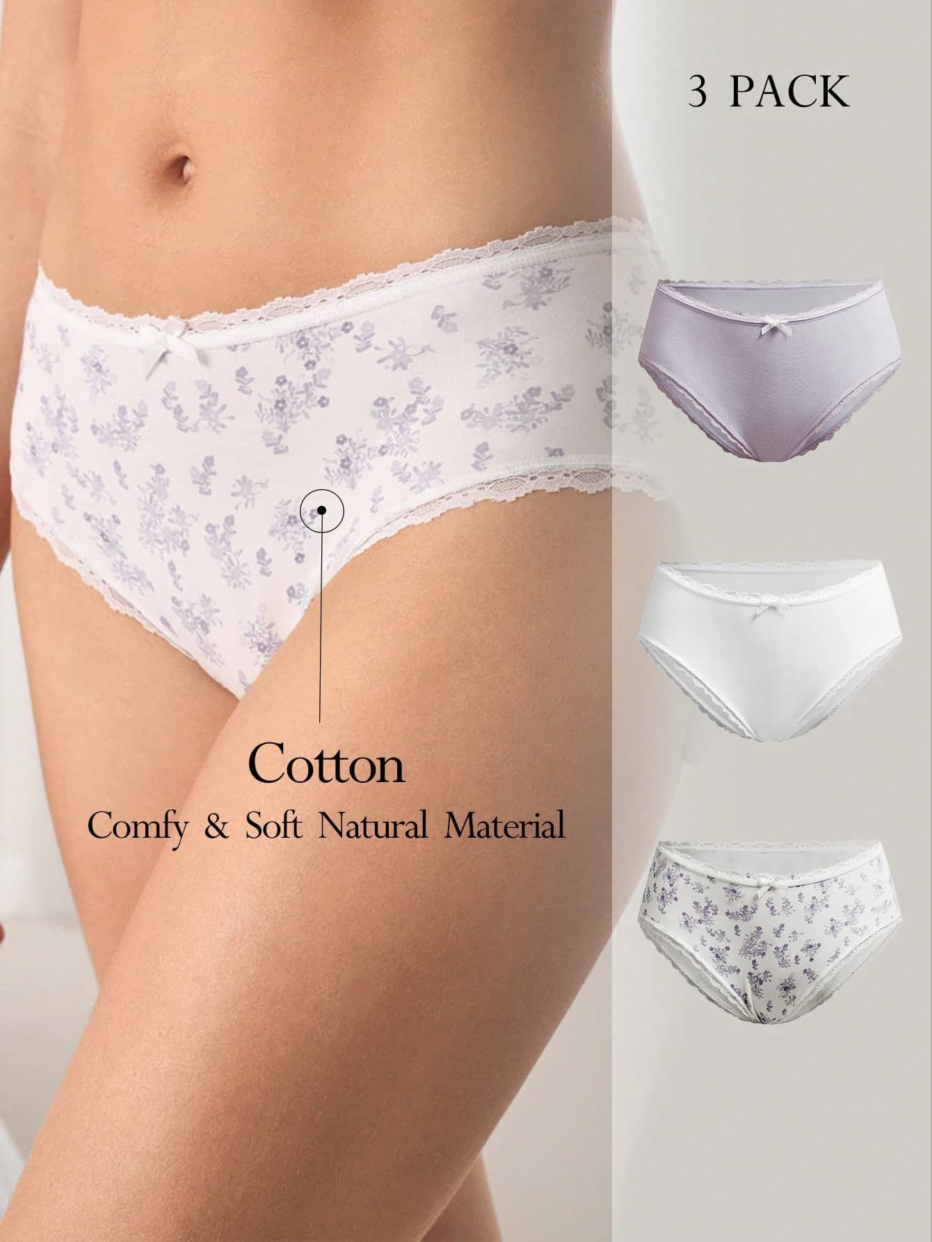 Ocili 3pcs/Pack Floral Print Pure Cotton Knit Comfortable Women's Bud Decor Boxer Briefs