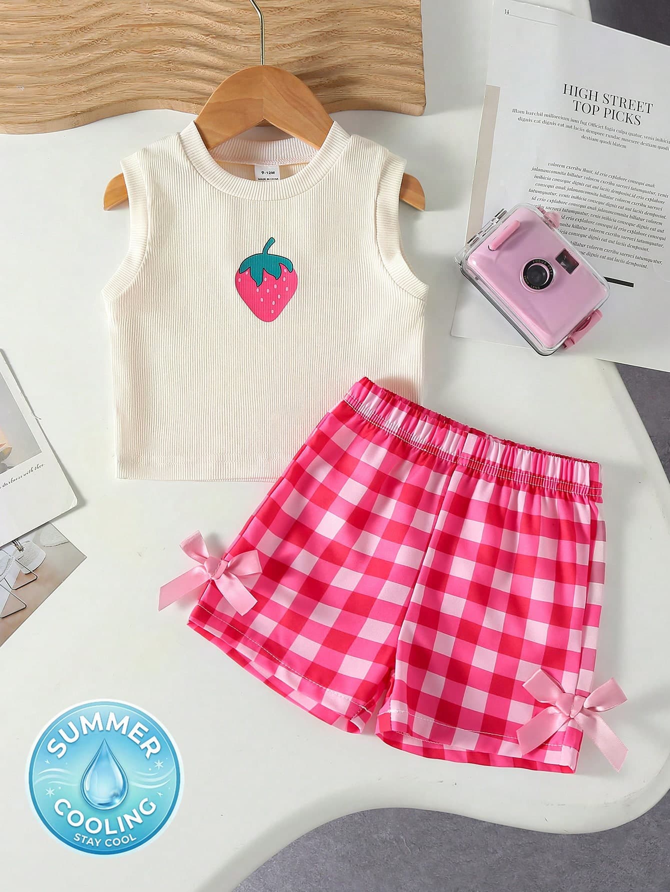 SHEIN Playful Pals Baby Girl Summer Apricot Top & Fuchsia Plaid Pants Set, Strawberry Pattern Textured Sleeveless Top With Pink Bow, Essential For Daily Wear And Outings