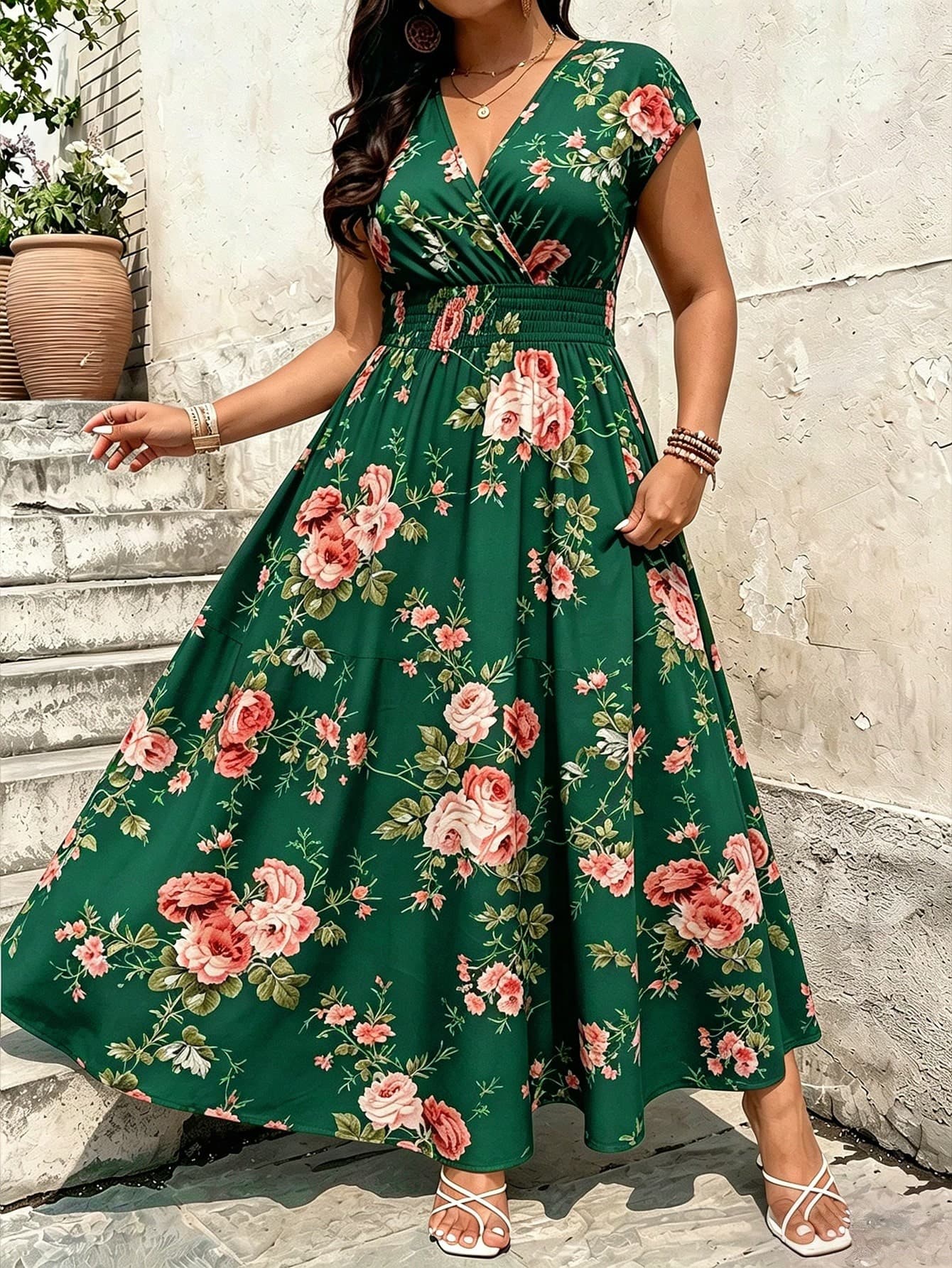Breezaya Plus Size Women's New Printed Slimming Leg-Lengthening V-Neck Elastic Waist Summer Casual Vacation Style Dress