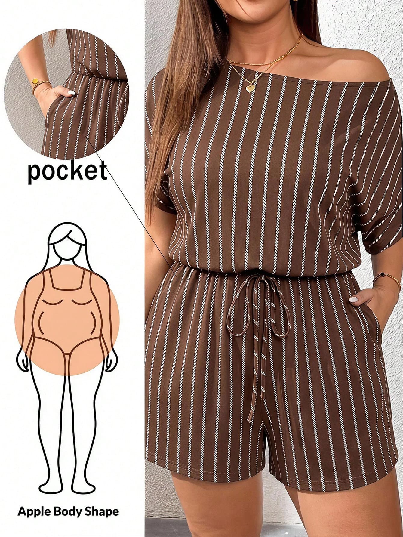 SHEIN Essnce Casual Vacation Brown Striped Plus Size Women Off-Shoulder Jumpsuit Summer Women's Outfit Set Summer Women's Vacation Wear