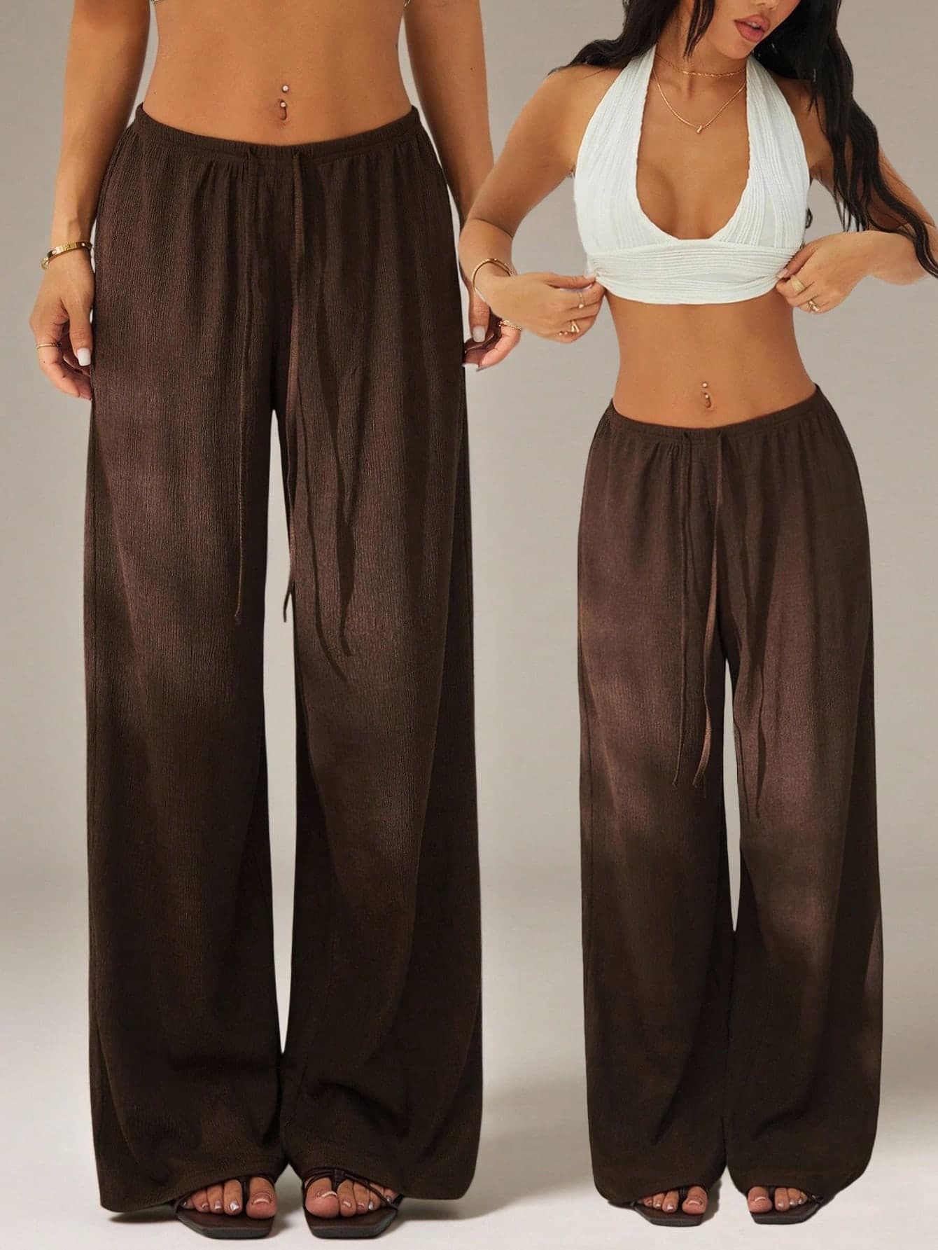SHEIN PETITE Women's Solid Color Tie Waist Wide Leg Loose Casual Versatile Pants Brown For Women Beach S Summer ,Petite Women