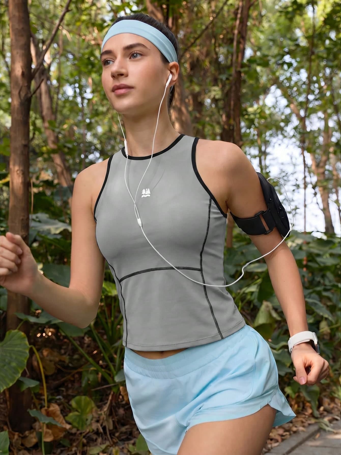 SHEIN In My Nature Women's Trimmed Round Neck Sports Tank Top Gym Workout Fitness Pilates Yoga Running Hiking Outdoor Light Grey All Season