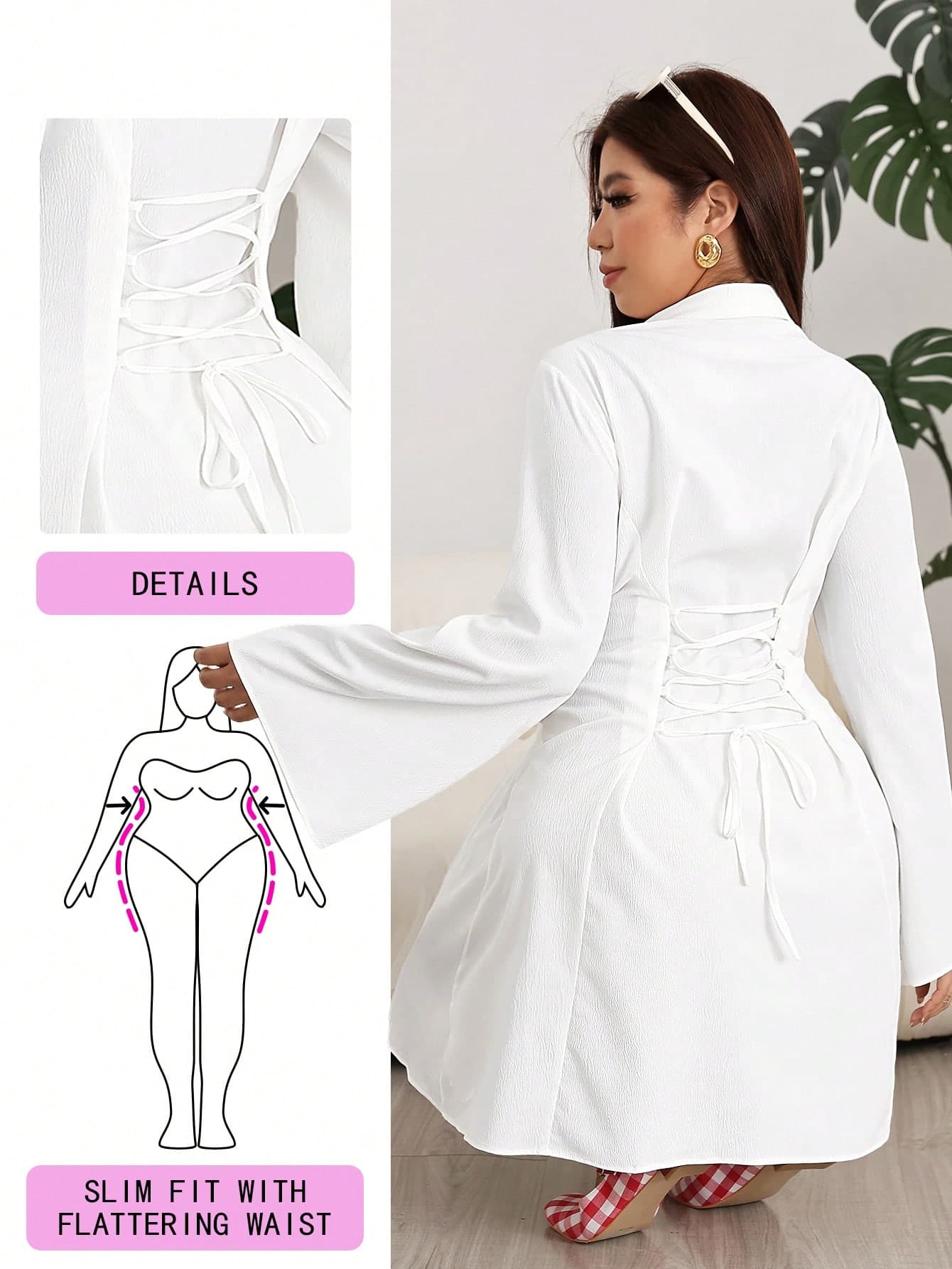 Solflare White Casual Plus Size Women's Back Tie Waist Shirt Dress
