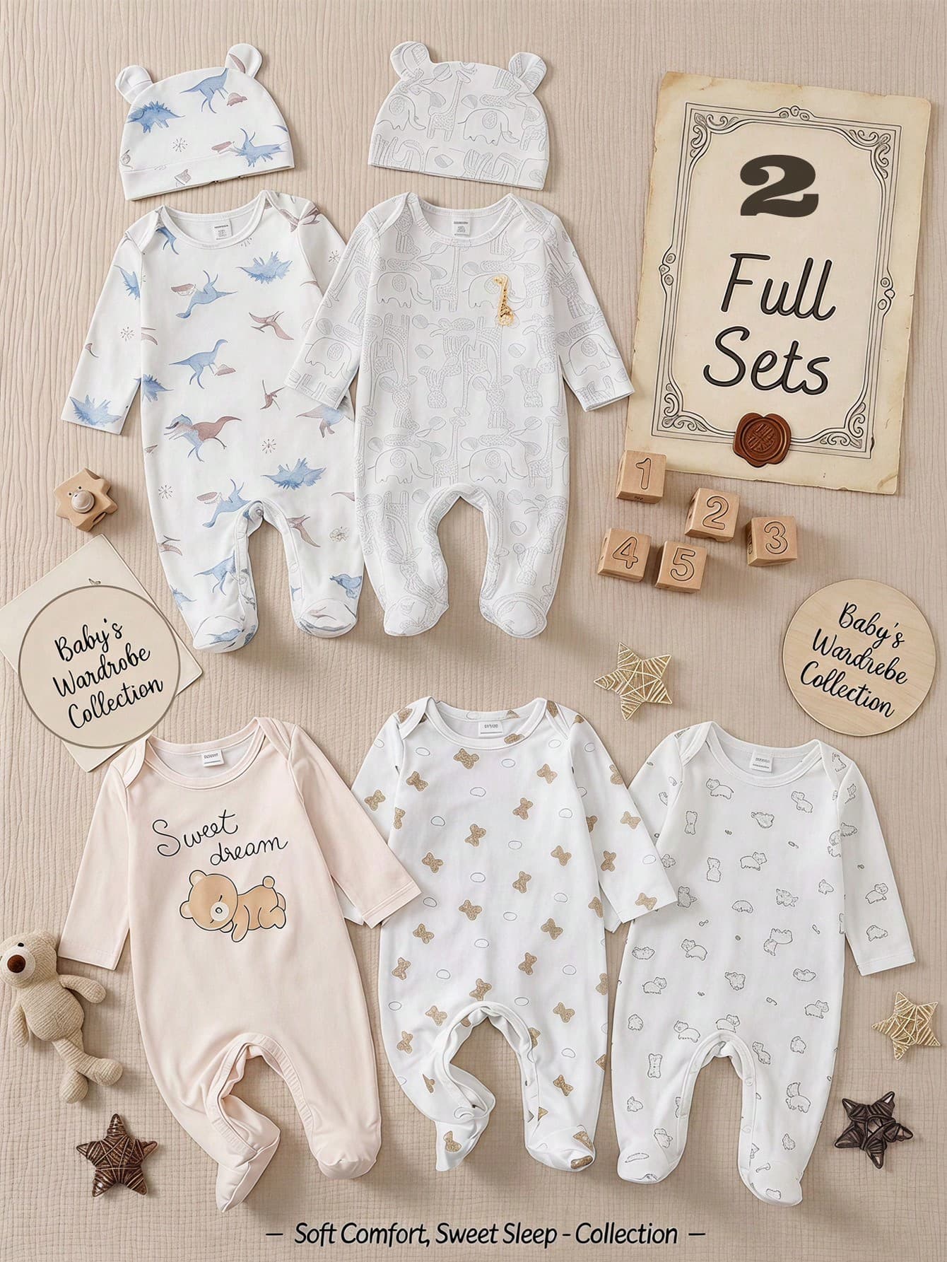 SHEIN Newborn One-Piece Long Sleeve Pants Jumpsuit And Hat Sleepwear Loungewear Set, New Arrival, Cute Dinosaur, Giraffe, Elephant, Lion, Tiger, Crocodile And Other Playful Pattern Print Combination