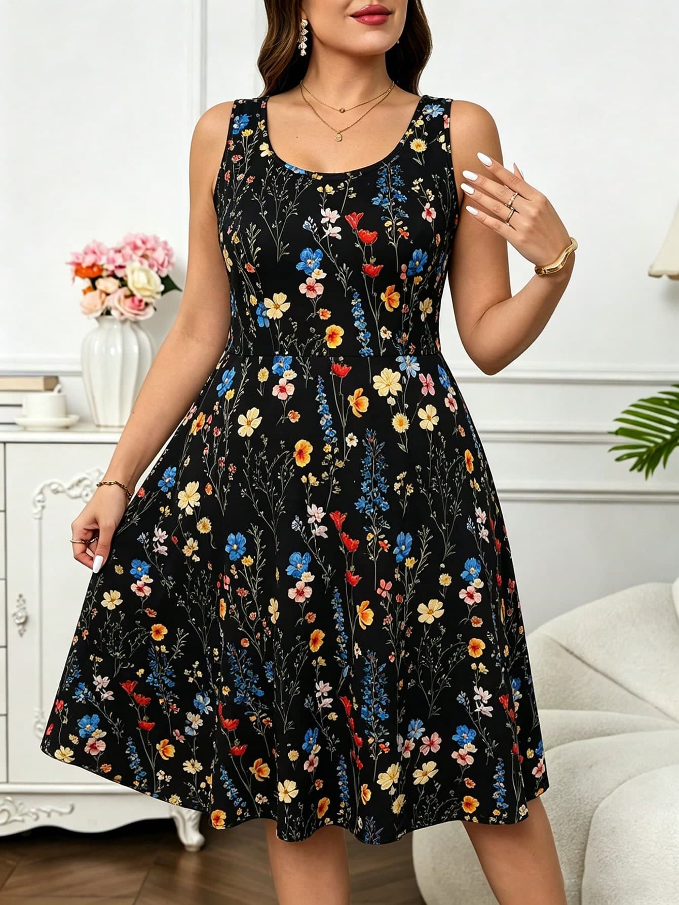 Reflora Plus Size Square Neck A-Line Knit Jacquard Elegant Boho Dress Vacation Black Summer
