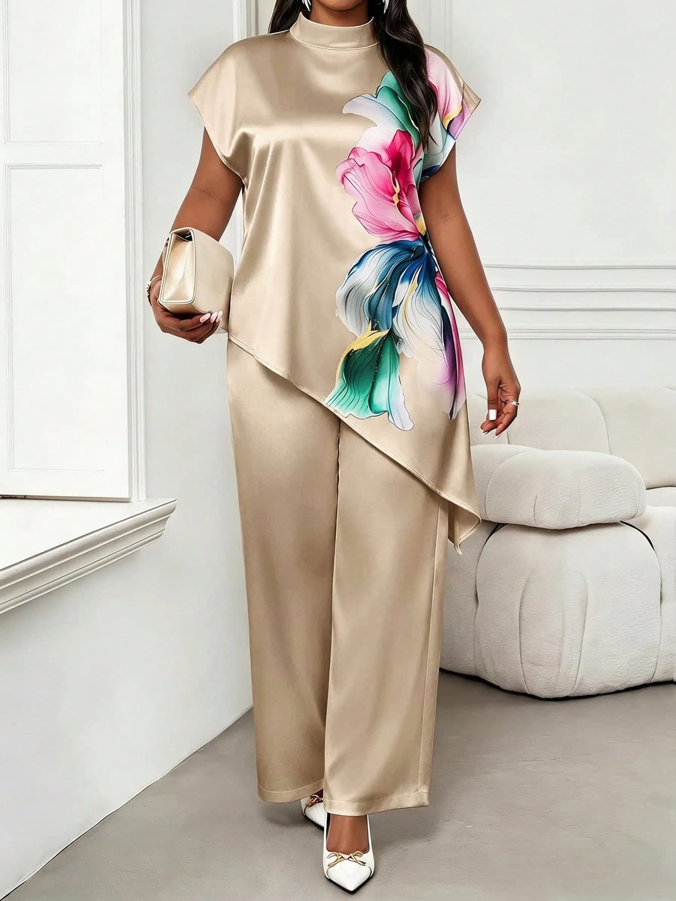 SHEIN Lady Plus Size Women Floral Print Asymmetrical Hem Top And Pants Set