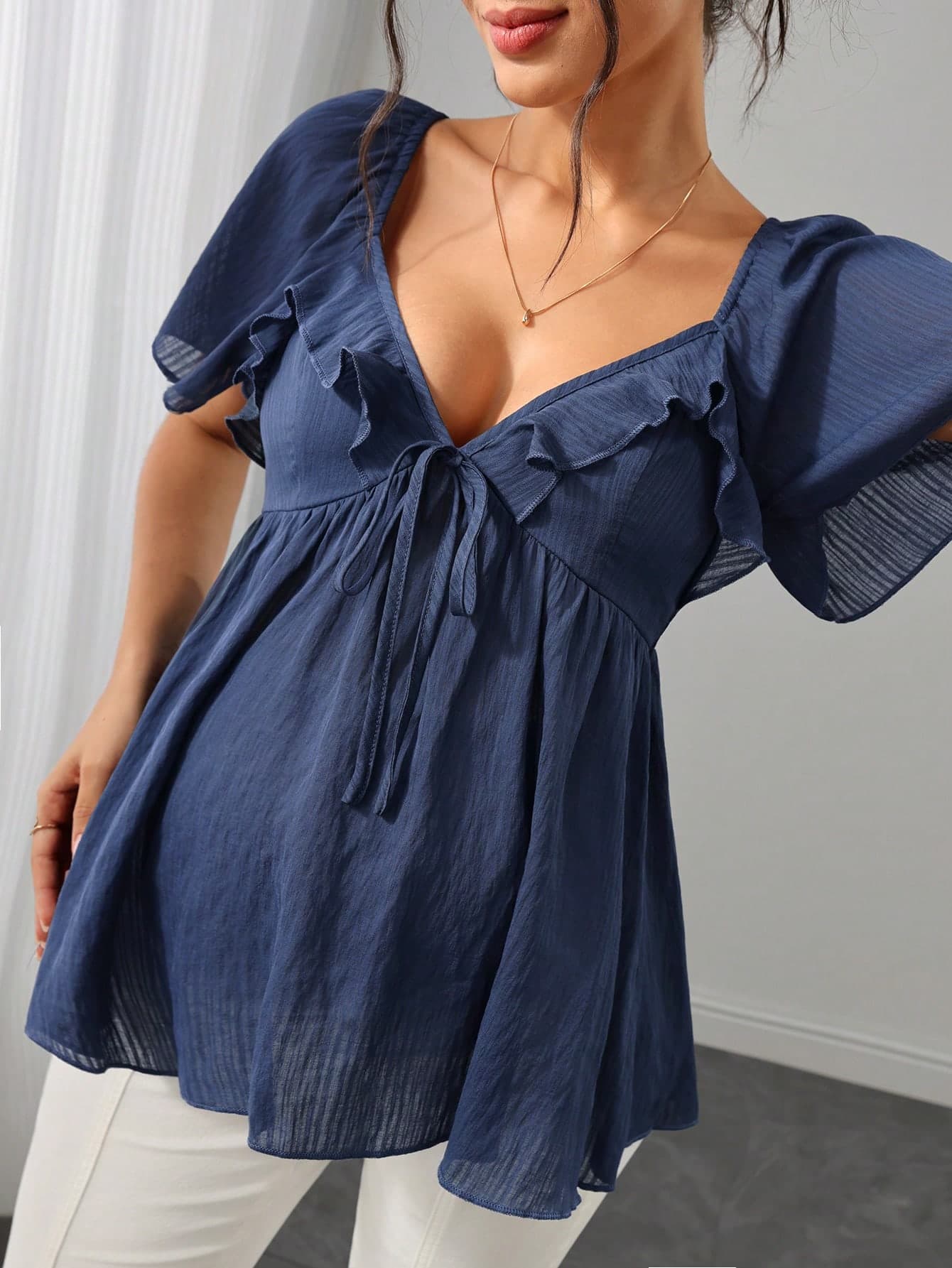 Momance Women's Elegant Textured Fabric Deep Pleated Ruffle Short Sleeve Maternity Top Casual Comfortable Maternity