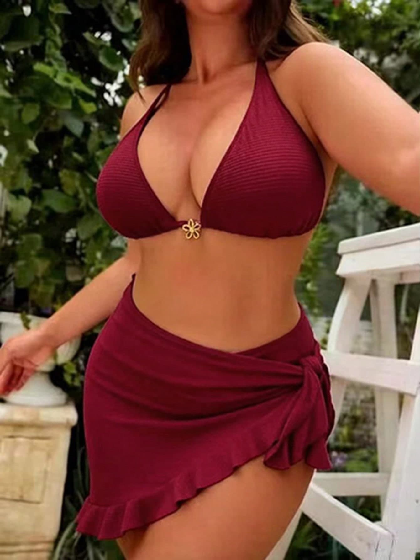 Swim Mod Sweet Sexy 3-Piece Plus Size Summer Beach Halter Bikini Swimsuit With Cover-Up And Skirt