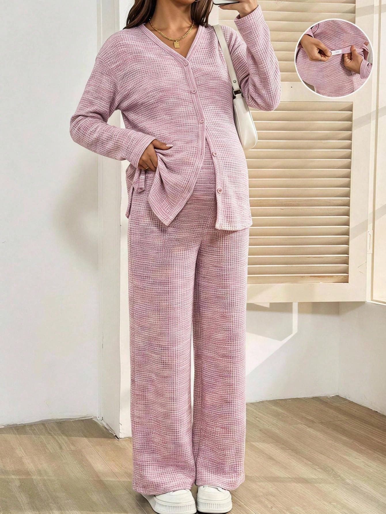 SHEIN Maternity V-Neck Single-Breasted Long Sleeve Top And Adjustable Waist Long Pants Casual Daily 2 Pieces Set Photoshoot Pink Autumn