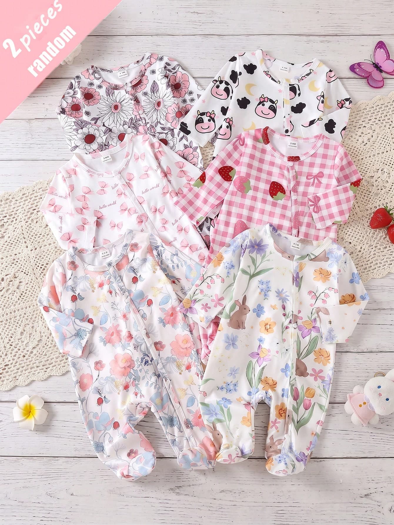 (2pcs Random Selection) Newborn Long Sleeve Footed Jumpsuit Knit Comfortable Soft Loungewear, Cute Playful Donut Bow Rabbit Flower Cow All-Over Print Pattern, Best Gift For Newborns