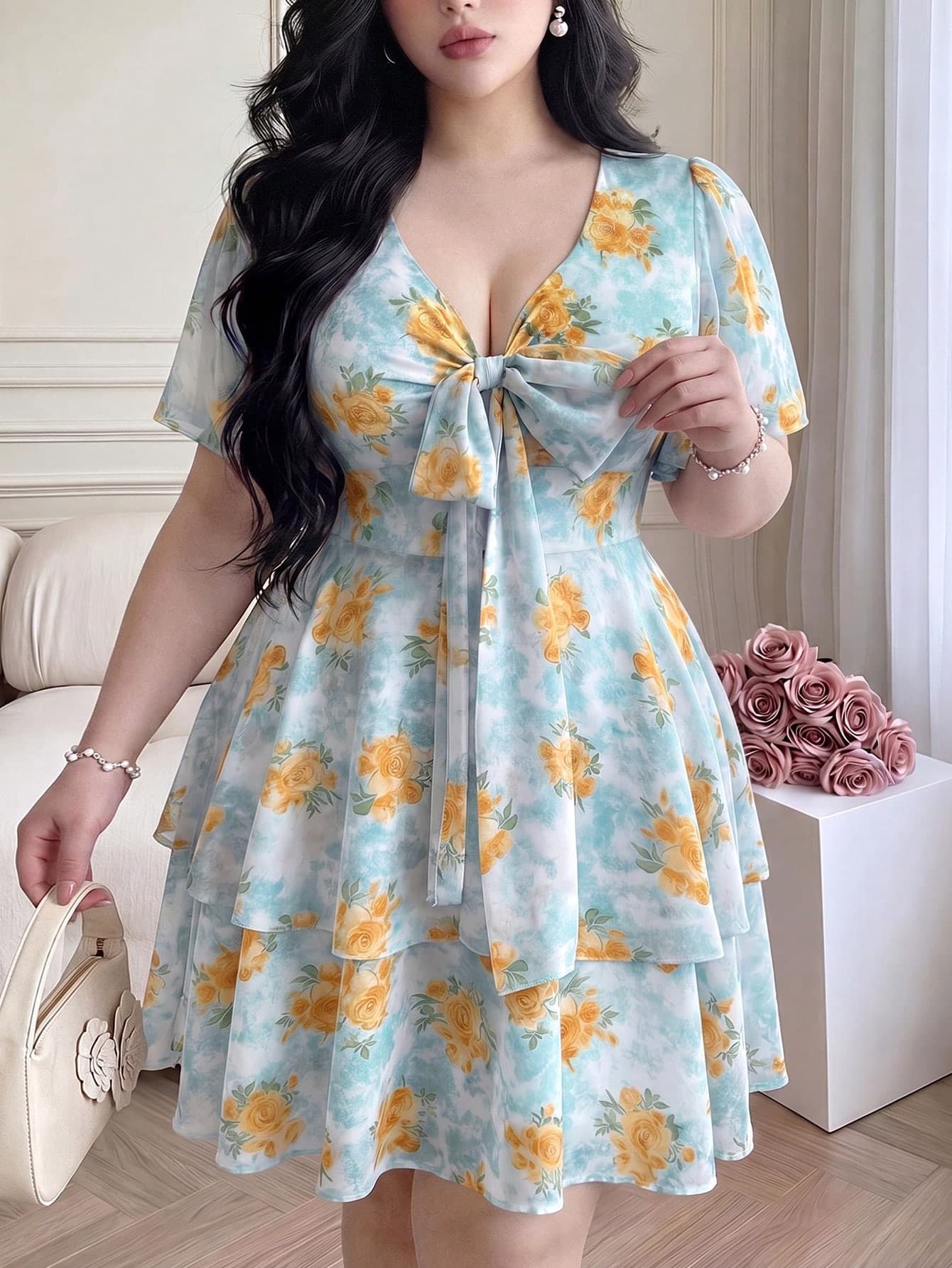 Vibekara Plus Size Spring/Summer Elegant Chiffon Floral Layered Hem Dress