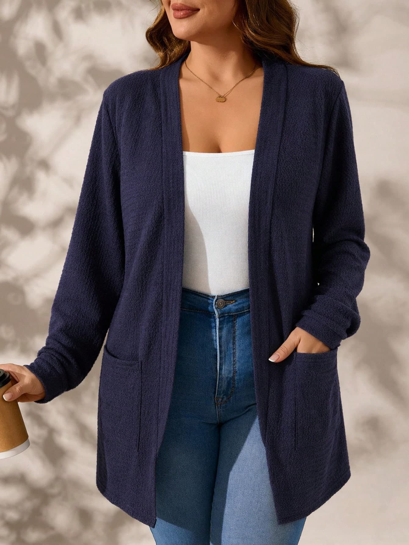 Reflora Plus Size Women's Solid Color Long Sleeve Open Front Pocket Casual Jacket