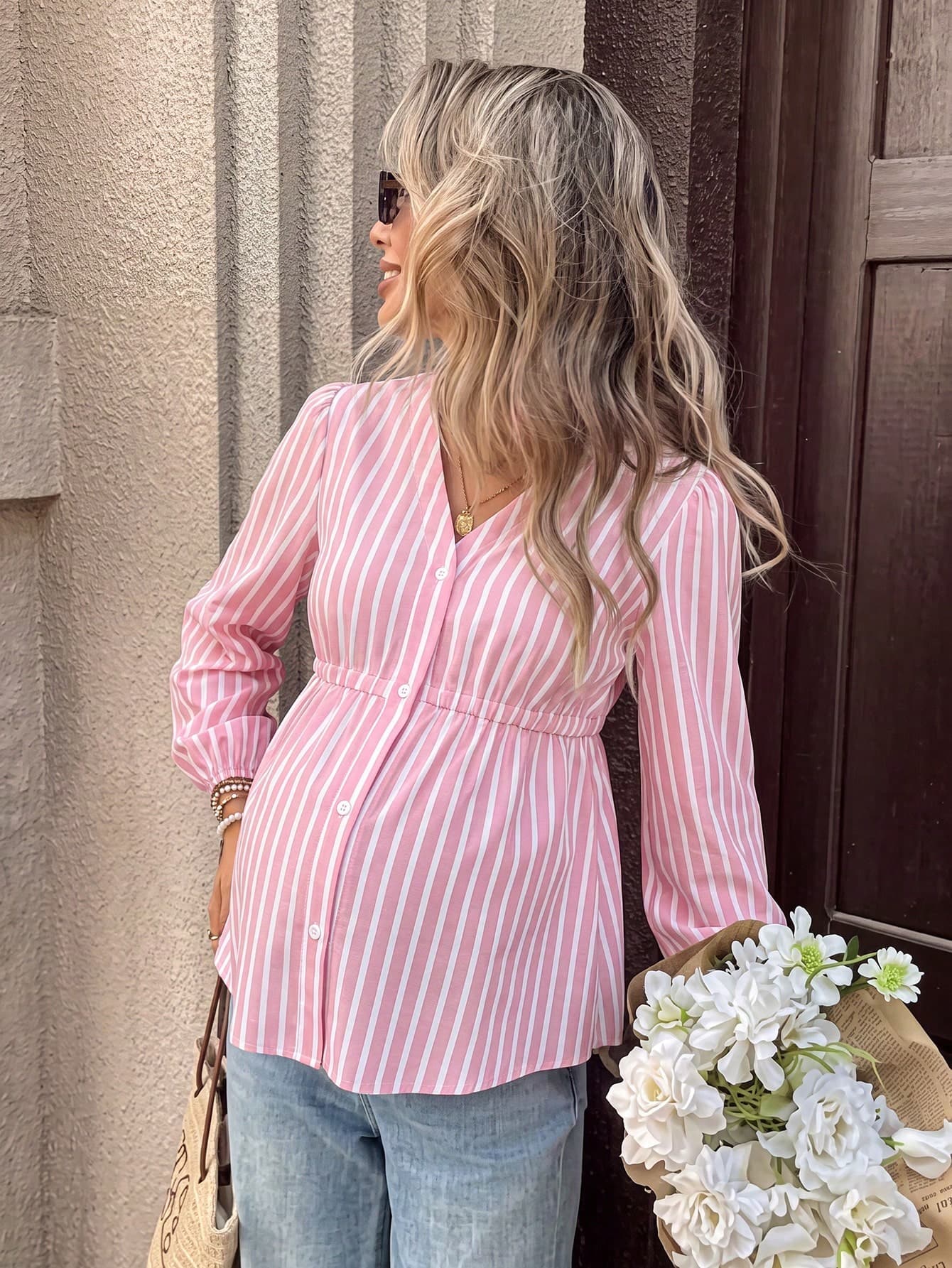 SHEIN Women's Casual White Long Sleeve Maternity Top Baby Shower Maternity Summer Casual Comfortable Maternity