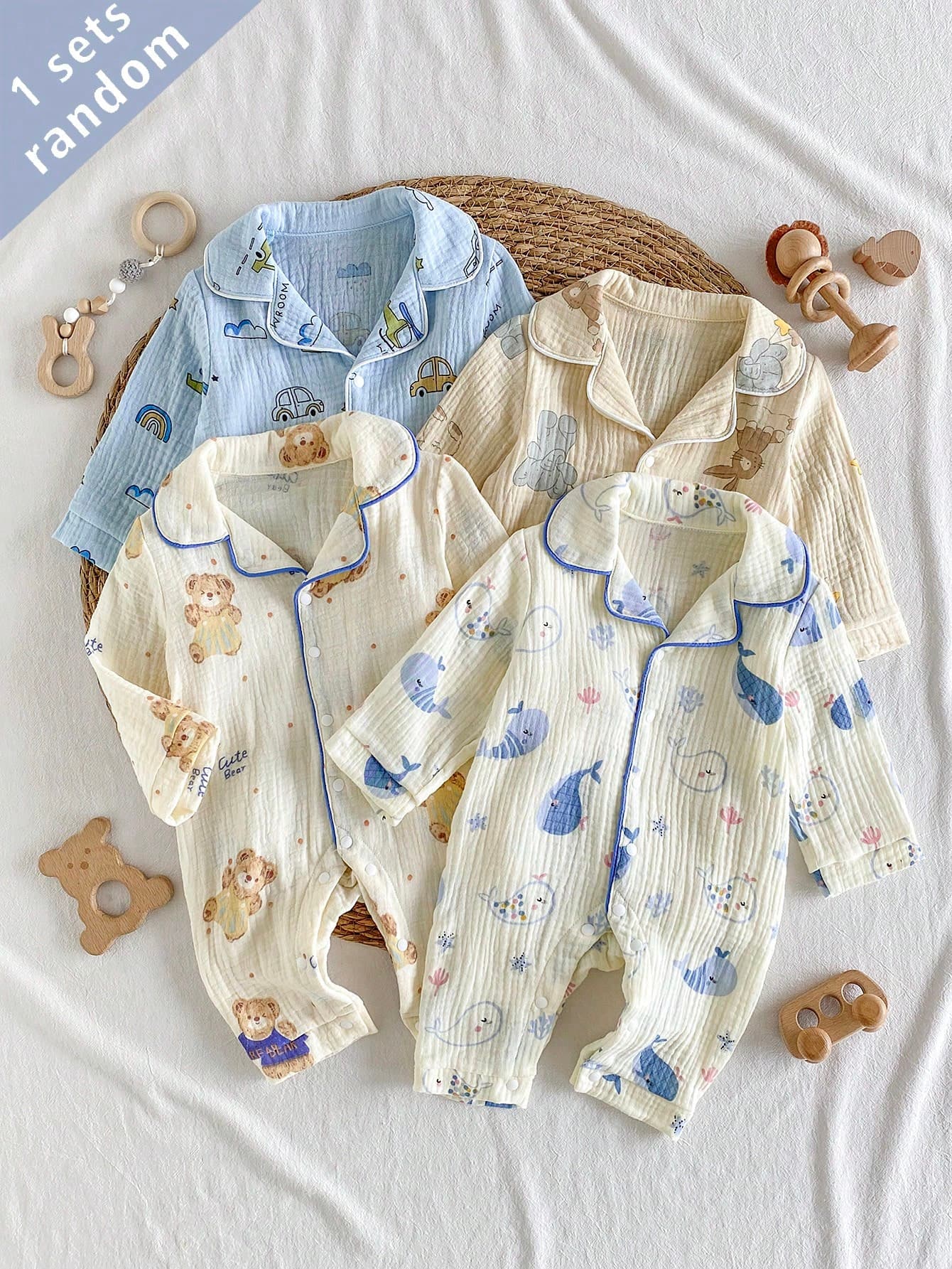 4pcs Random 1pc Summer Autumn Winter Spring All Season Baby Boy 1-Pack Newborn Romper Cotton Double Layer Crinkle Fabric Blue Apricot Cartoon Car Whale Ocean Bear Rabbit Balloon Star Moon Cute Cartoon Print Chest Pocket Turn Collar Long Sleeve Long Pants Crawl Suit Home Wear