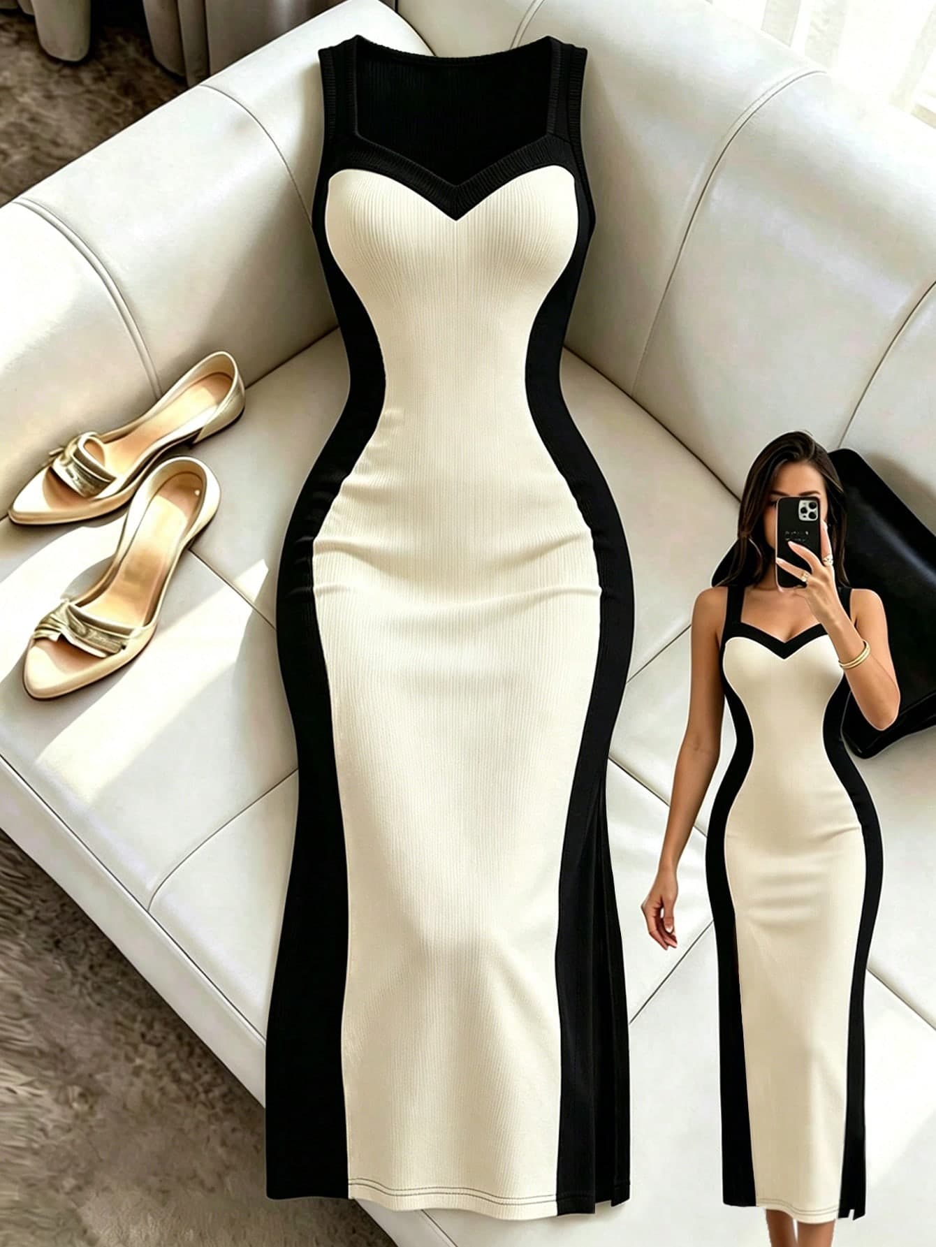 Elenzga Women's New Fashion Elegant Contrast Texture Fabric Round Neck Slim Fit Waist-Cinched Sleeveless Casual Commute Workplace Versatile Daily Casual Dress Dress
