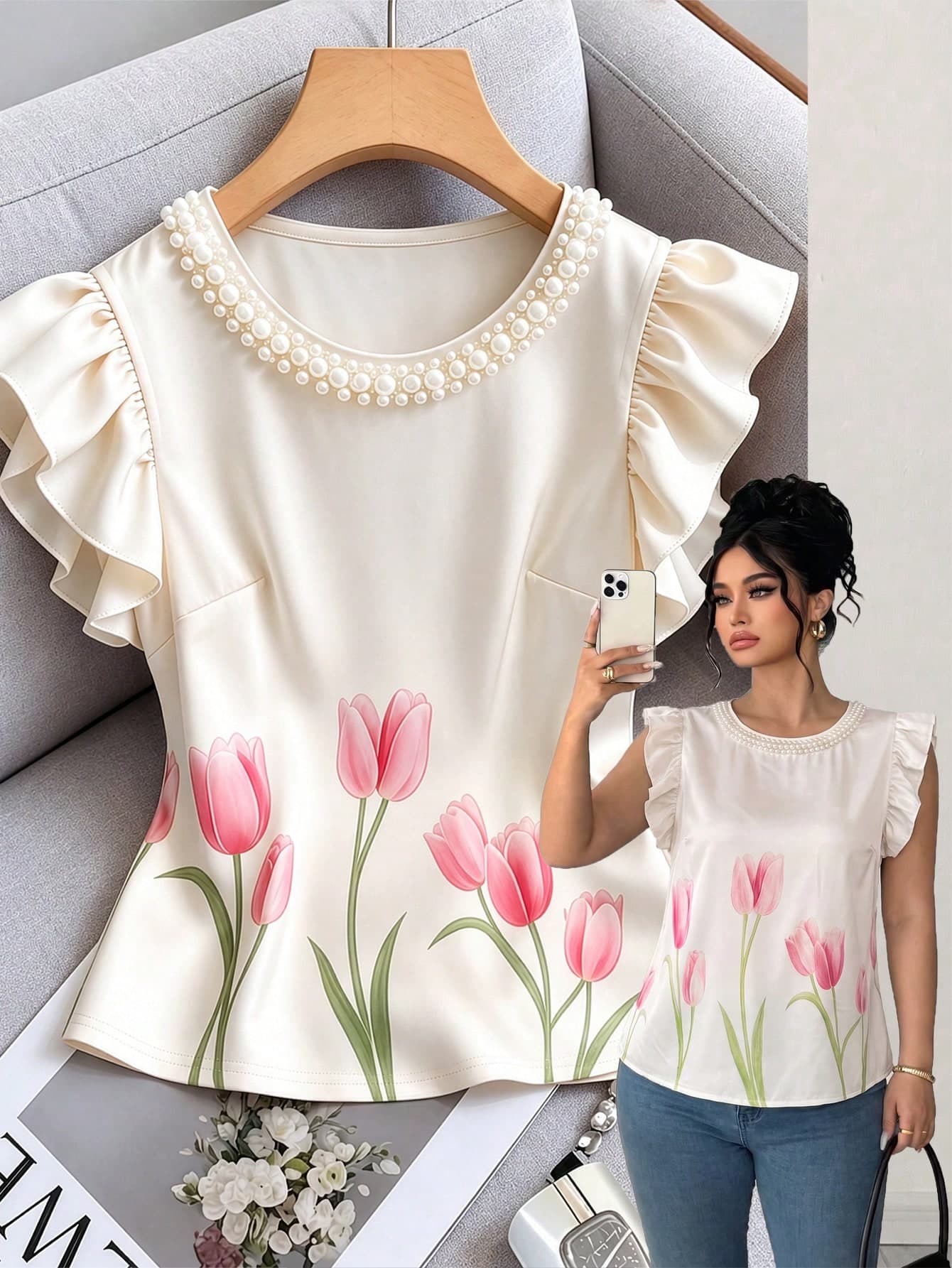 Elenzga Plus Size Women's Summer Fashion Elegant Commute Tulip Print Pearl Decor Round Neck Short Flutter Sleeve Blouse