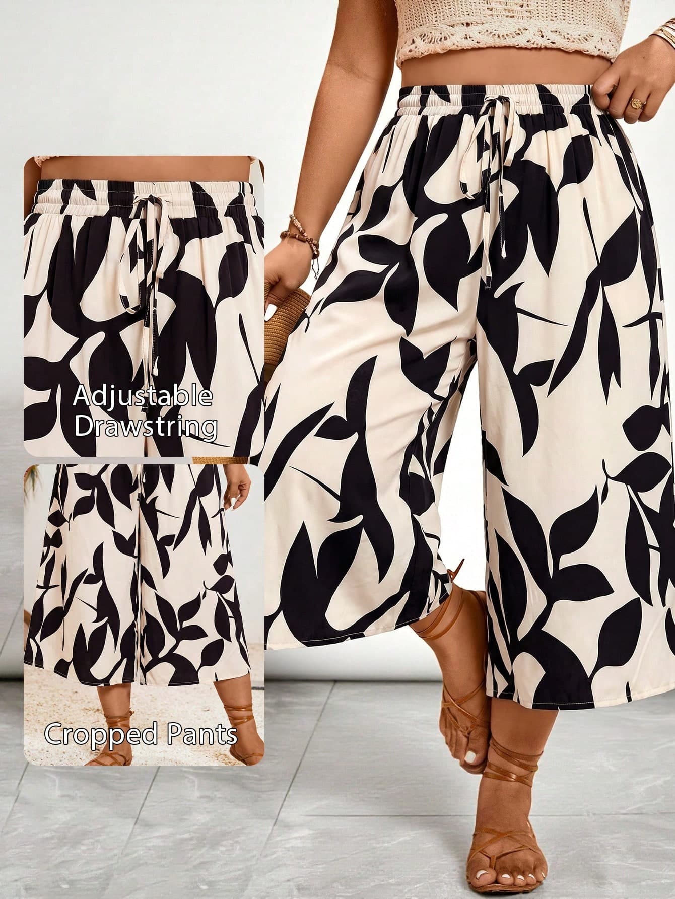 Freevana Plus Size Floral Print Wide Leg Capri Pants