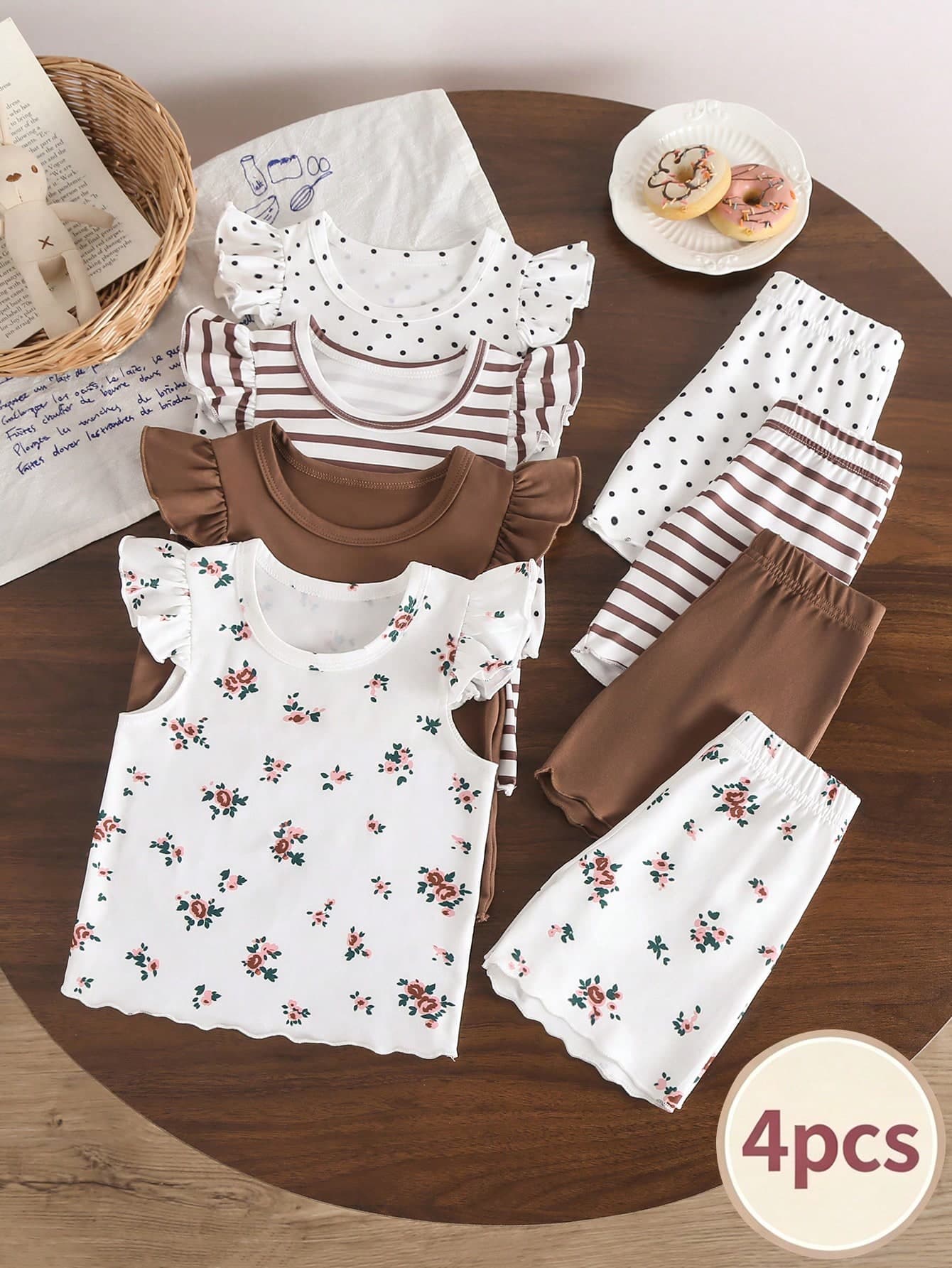 SHEIN Vintaside Kids 8pcs/ Baby Girl 0-3 Years Old Spring/Summer New Arrival Casual Everyday Outing Cute Solid Color Knitted Asymmetrical Ribbed Short Sleeve Vest Tee Shirt Top And Shorts 8-Piece Set