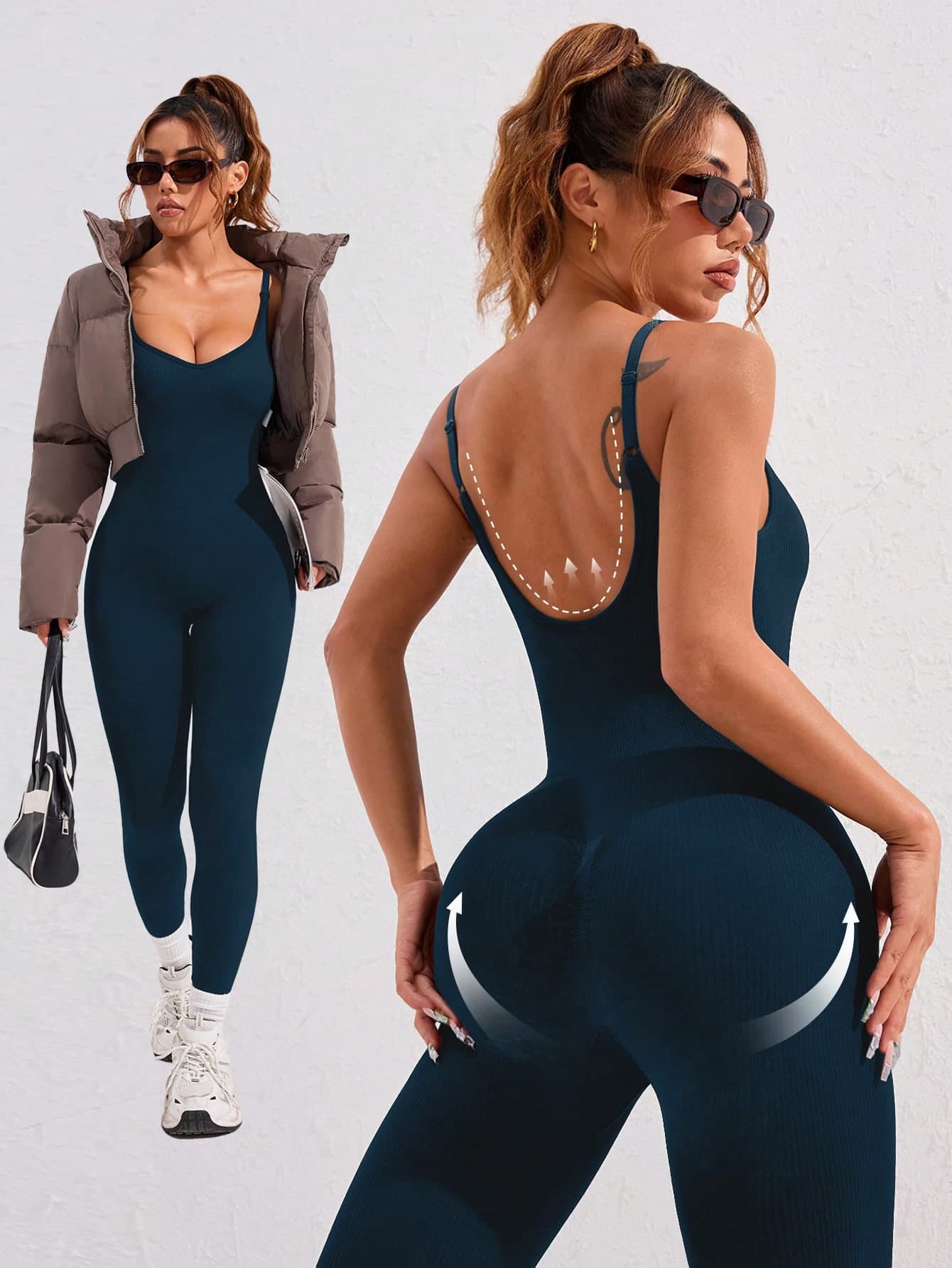 Easithlete Solid Color Flared Slim Fit Athletic Jumpsuit