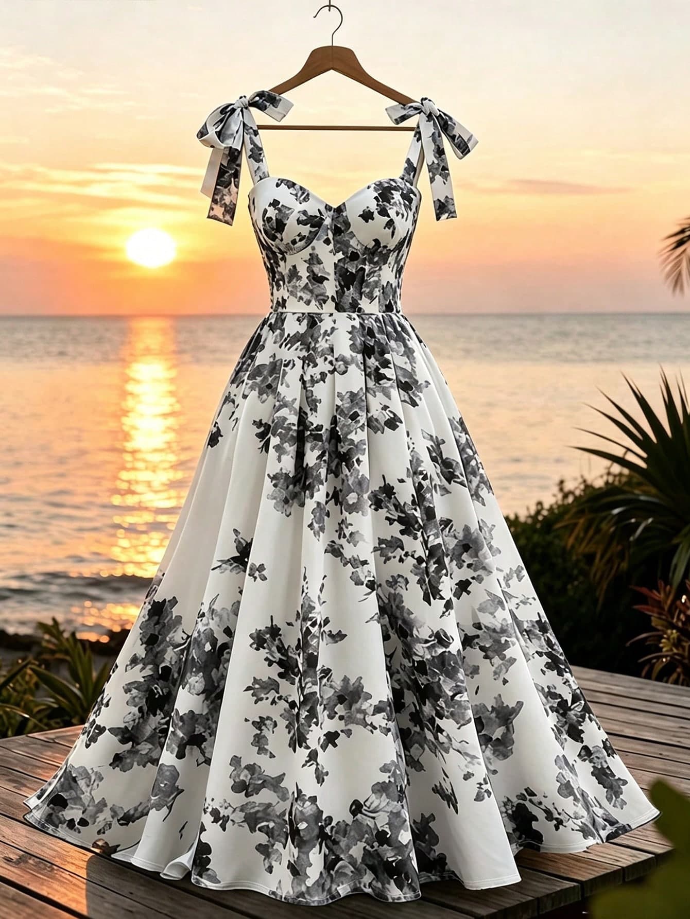 GlowEve CURVE Plus Size Women's Woven Regular Fit Summer Elegant French Style Date Blue & White Tie-Dye Tie Strap Cinched Waist A-Line Dress