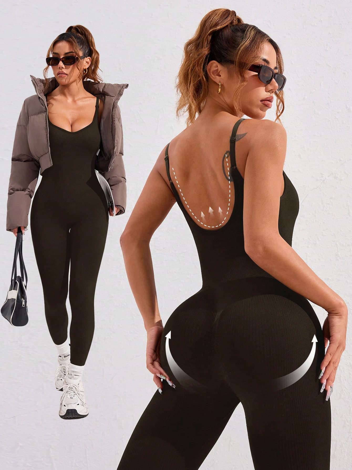 Easithlete Solid Color Flare Leg Slim Fit Sports Jumpsuit