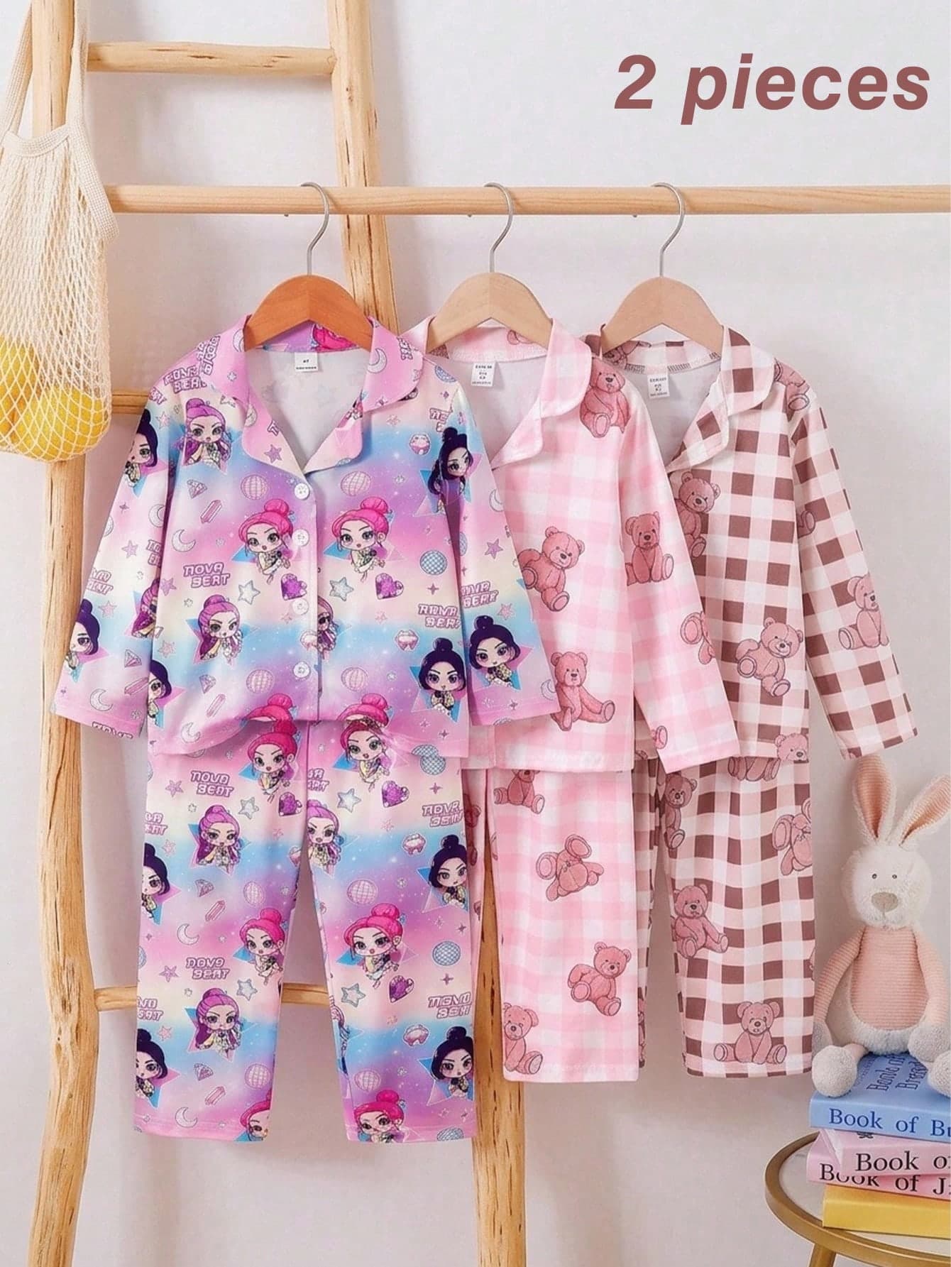 Genkimix Kids Girls' Gradient Dreamy Cartoon Print Lapel Long Sleeve Top Pants Pajama Set, Soft Skin-Friendly Flame Retardant Fabric Home Wear 2-Piece Set, Young GirlSpring/Autumn Home Wear 2-Piece Set, Sweet Girl Style Comfortable Pajama Set, Lapel Button Design Casual Simple Cute Girls' Home Outfit