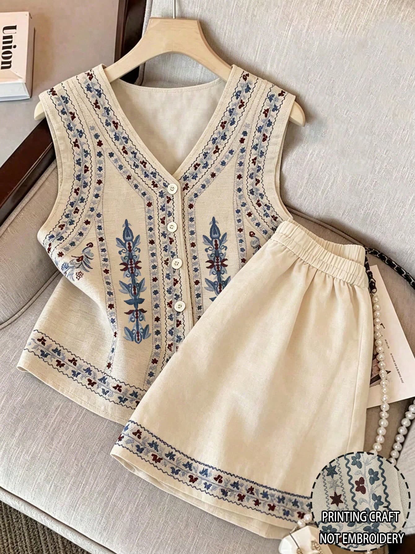 Qadelle Women's Beige Summer Boho Holiday Vacation Holiday Sleeveless V-Neck Vest Cardigan Button Top And High Waist Shorts Two Pieces Set Beach Outfit
