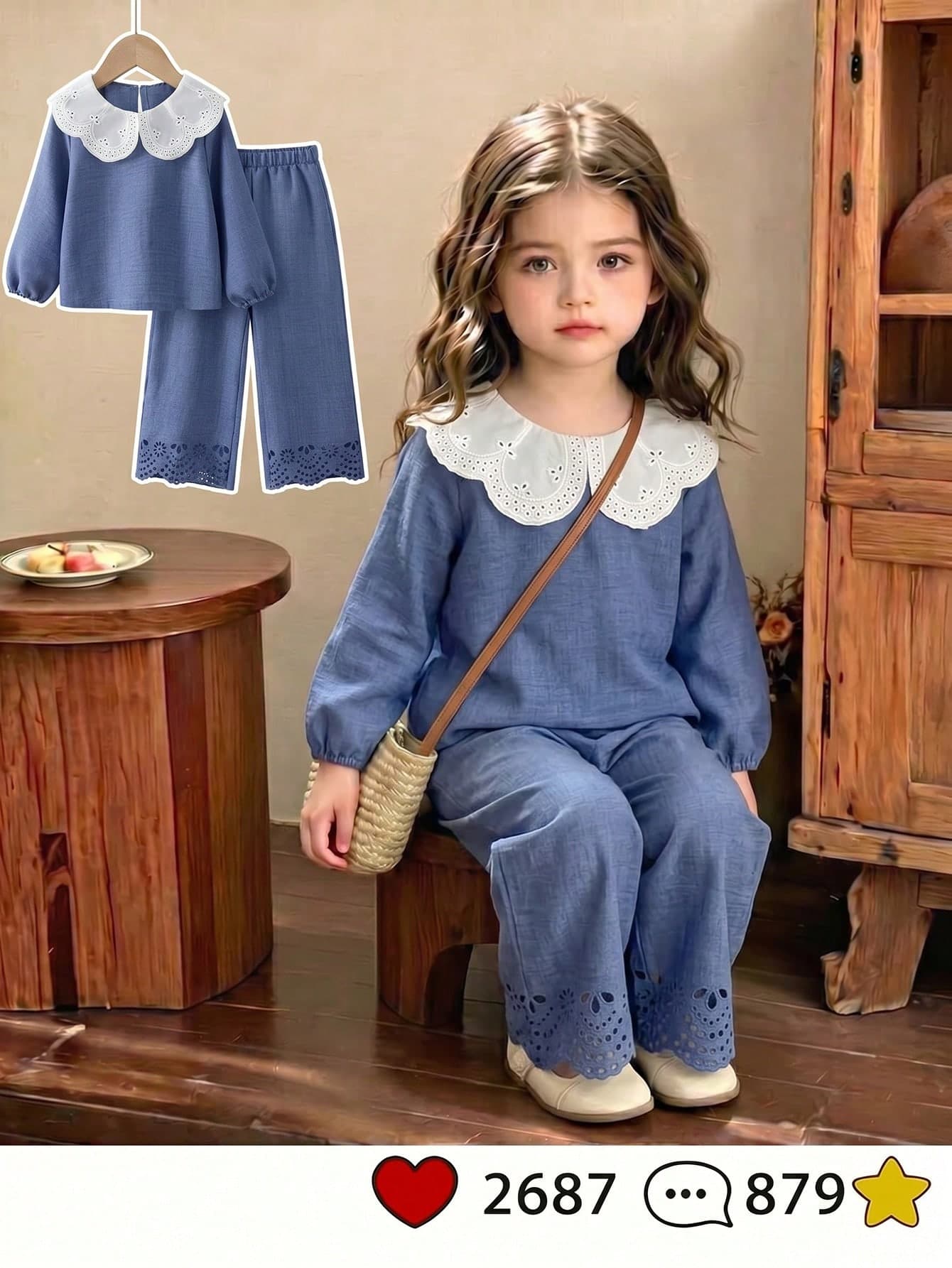 SHEIN Young Girl 2-Piece Set Faux Denim Top + White Peter Pan Collar Lantern Long Sleeve Blouse With Matching Wide Leg Pants, Minimalist Gentle Style Suitable For Spring/Autumn Transition And Cool Early Summer, Perfect For Daily School, Park Walks, Weekend Outings And Short Trips