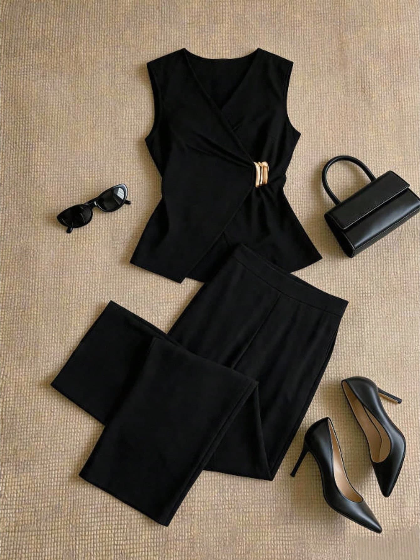 Grovea Women's Chic Elegant Black V Neck Sleeveless Top And Pants For Formal Occasions Evening Formal Summer Cocktail