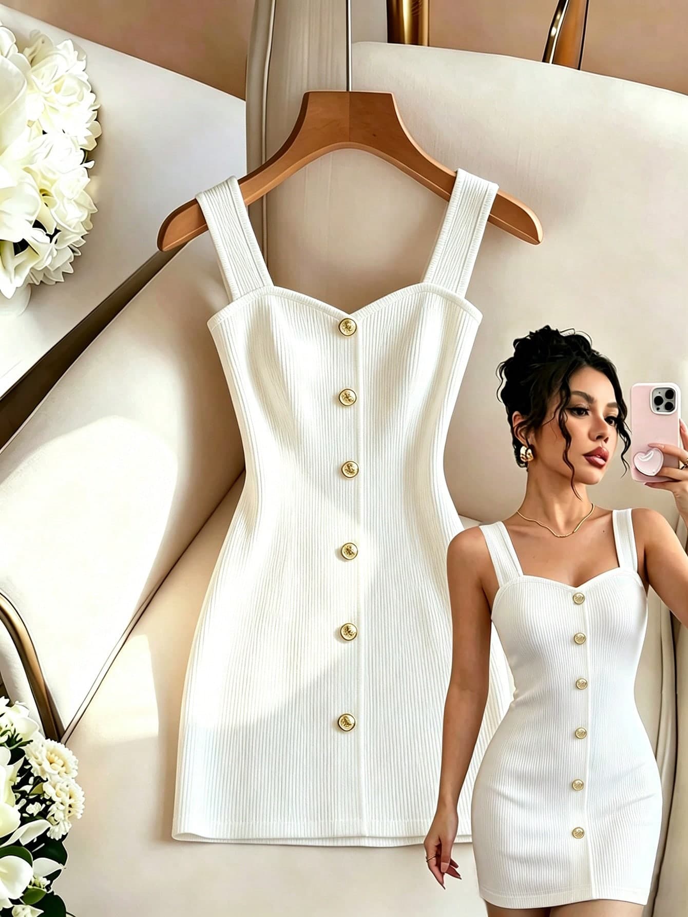 Rafferiza Fashionable Elegant Fitted Waist Button Decor Ribbed Knit Business Office Travel White Dress For Women