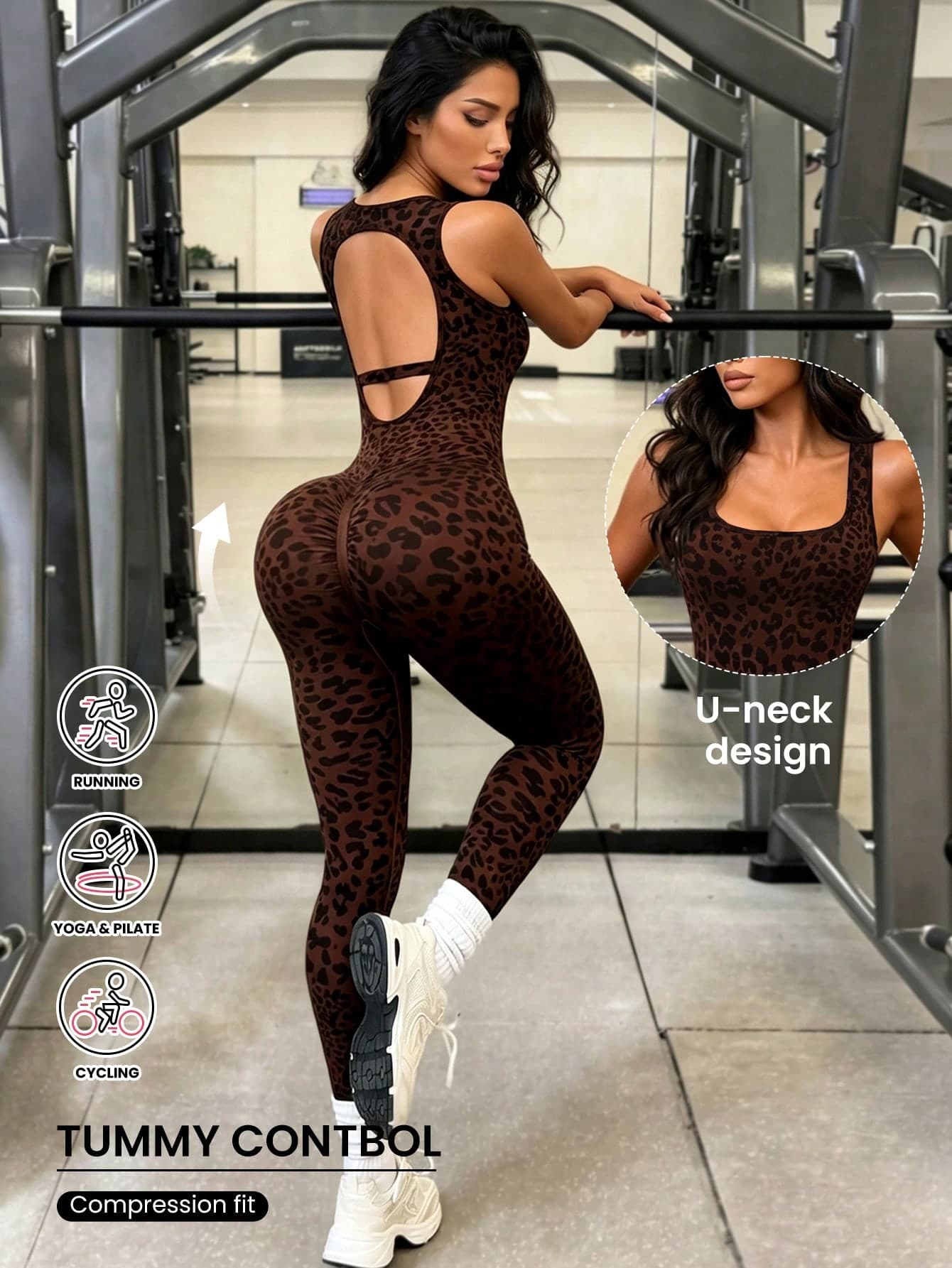 Slayform Slayform Brown Leopard Print Yoga Workout Backless Seamless Jumpsuit