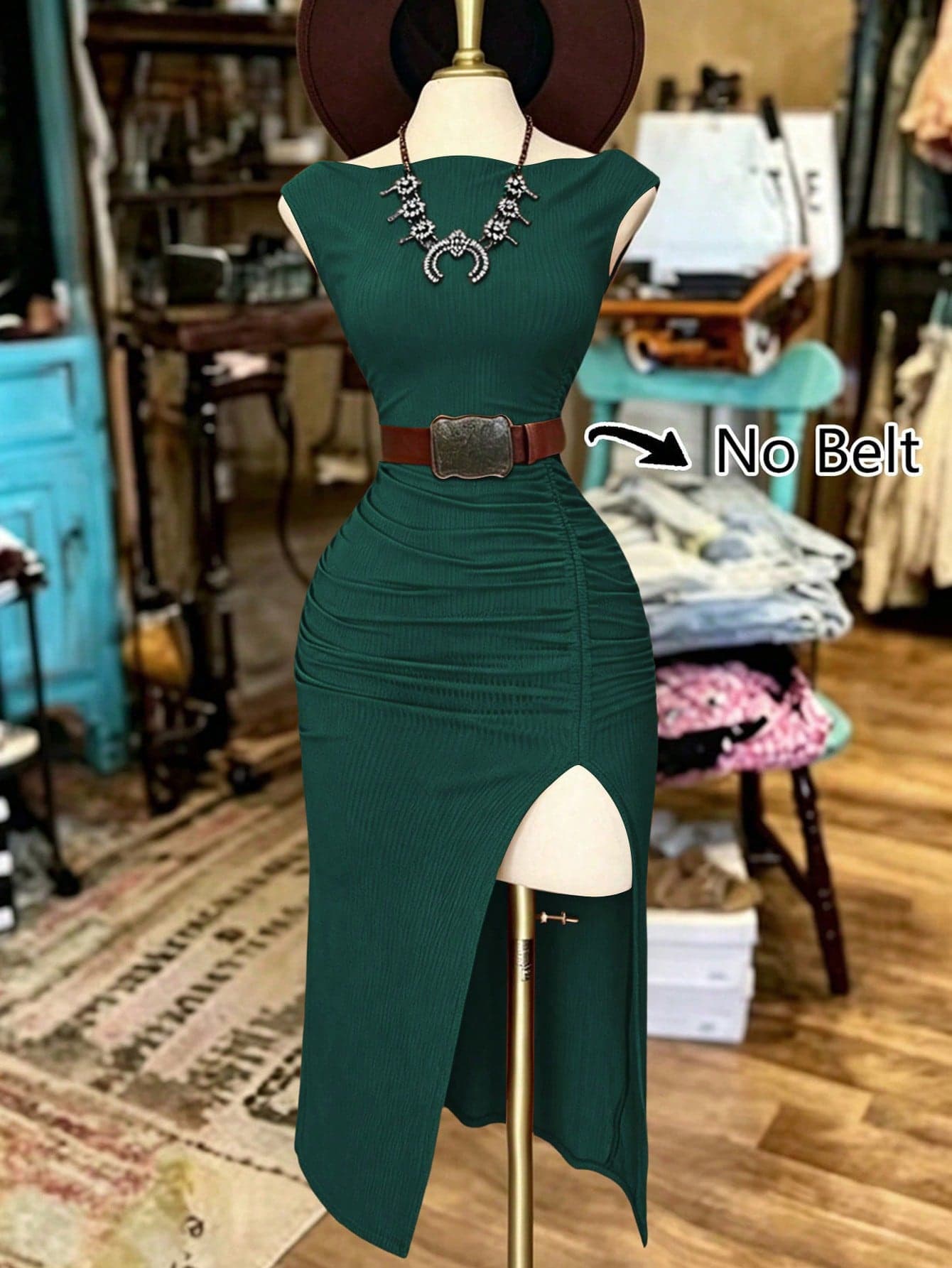 LanaWest CURVE Plus Size Women Solid Color Waist-Cinching Slit Gathered Sleeveless Dress ,Summer Western Vacation Dress Western Wear Easter Women Dress