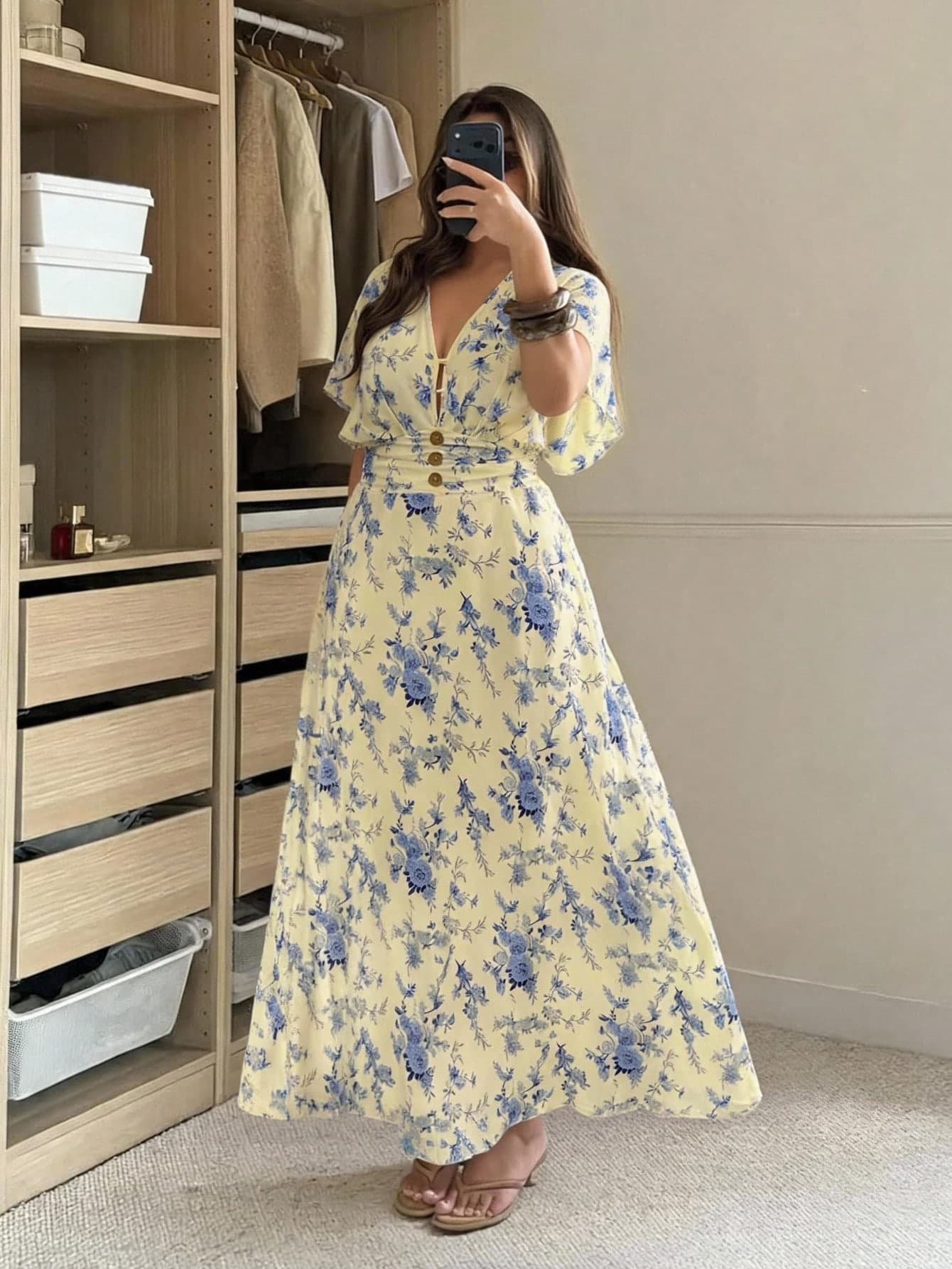 Vionelle Plus Size Woven Deep V-Neck Shoulder-Cut Short Sleeve Cinched Waist Gathered Full Skirt French Pastoral Print Romantic Elegant Casual Commuter Maxi Dress