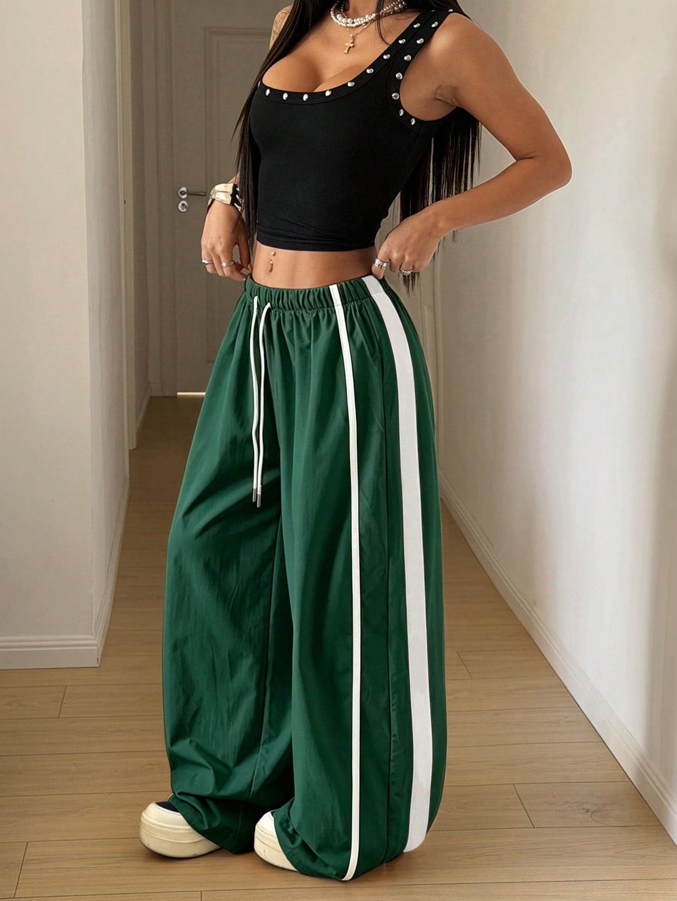Maweii Plus Size Women's Drawstring Waist Striped Loose Casual Long Pants