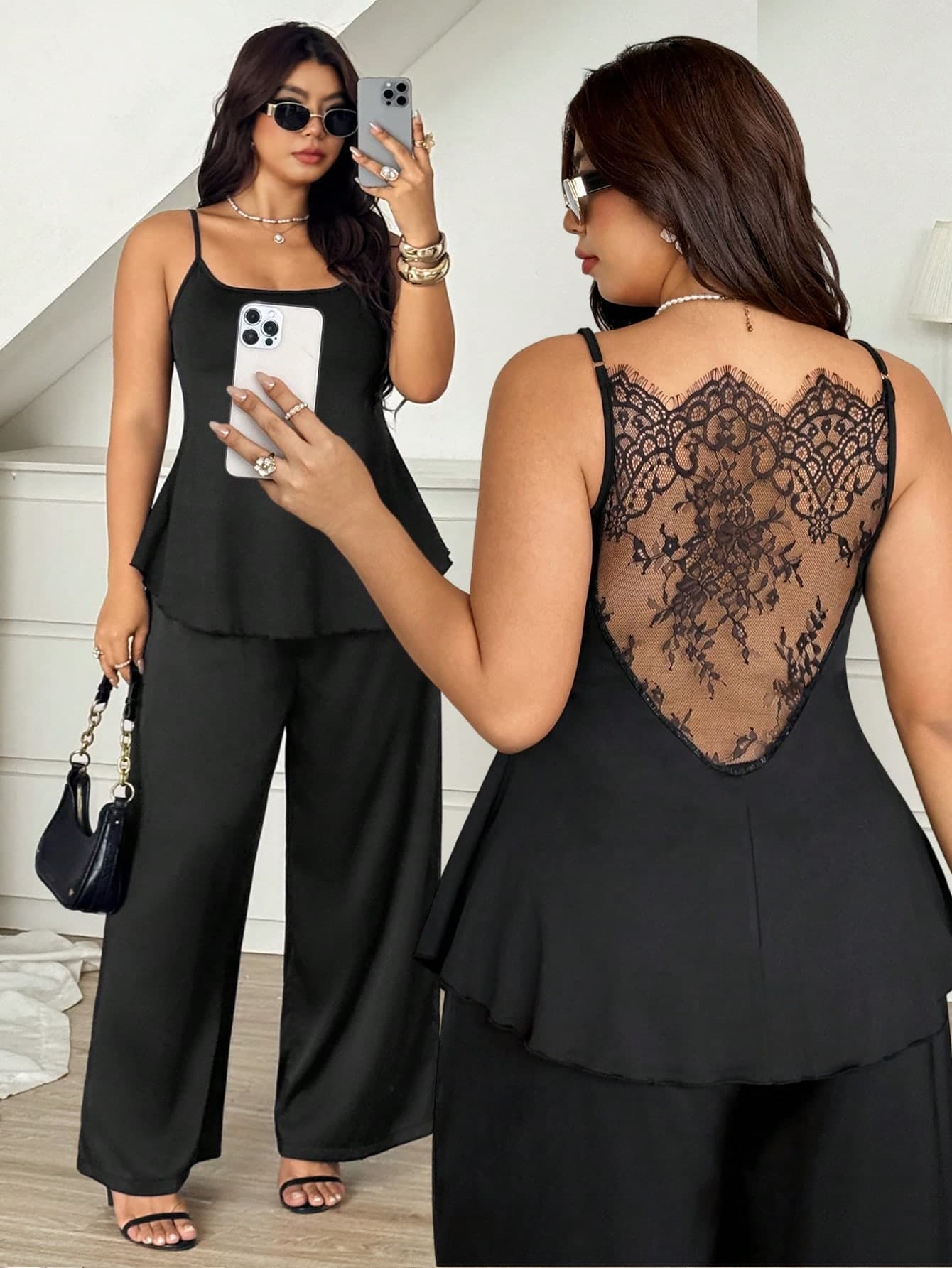 Vionelle Plus Size Knitted Round Neck Cinched Waist Ruffle Hem Sexy Elegant Lace French Style Commute Versatile Camisole Date Night Black Summer