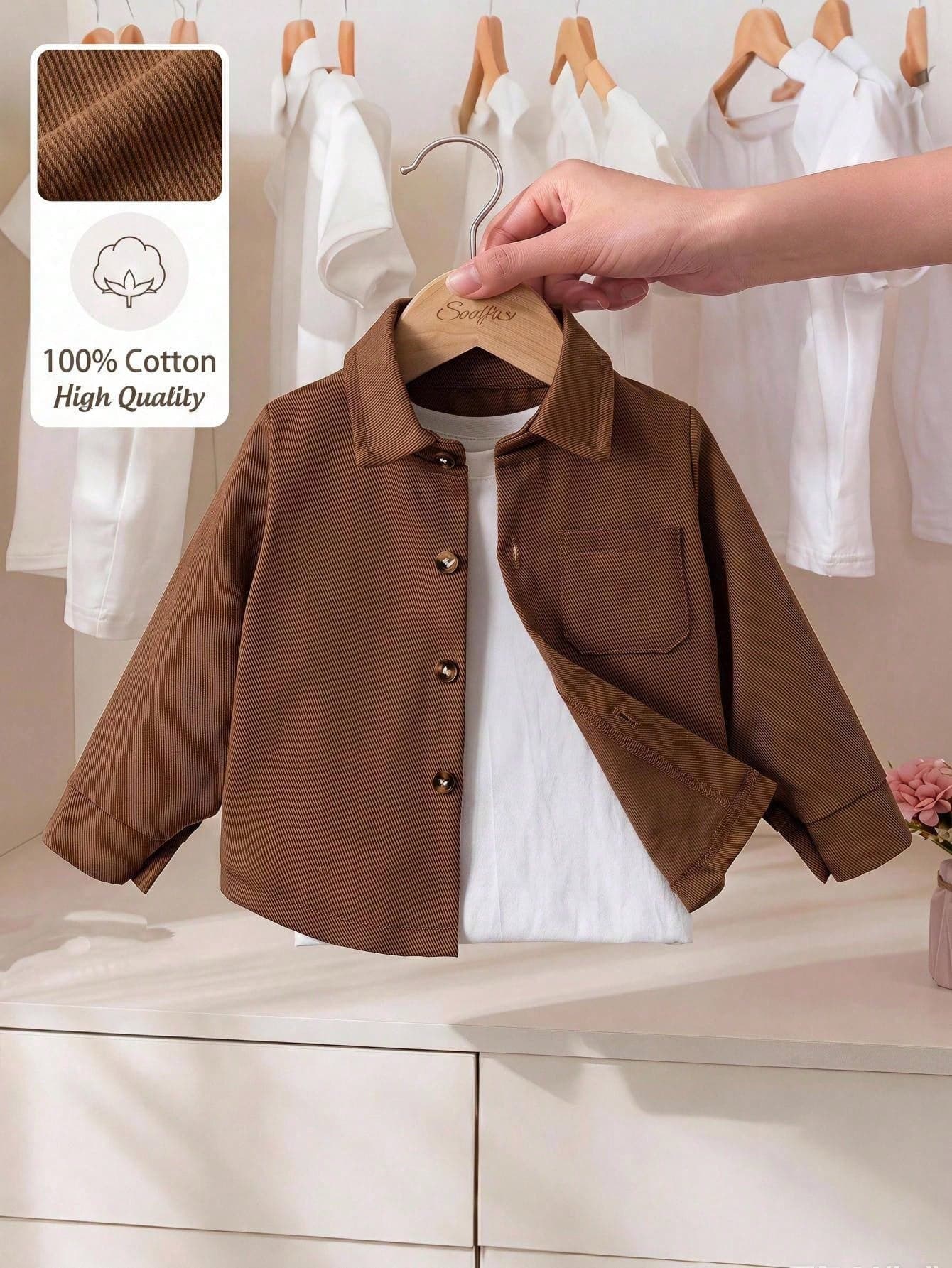 Souflis Souflis Infant Boys Cool Casual Versatile Turn-Down Collar Front Button-Up Left Chest Pocket Long Sleeve Top