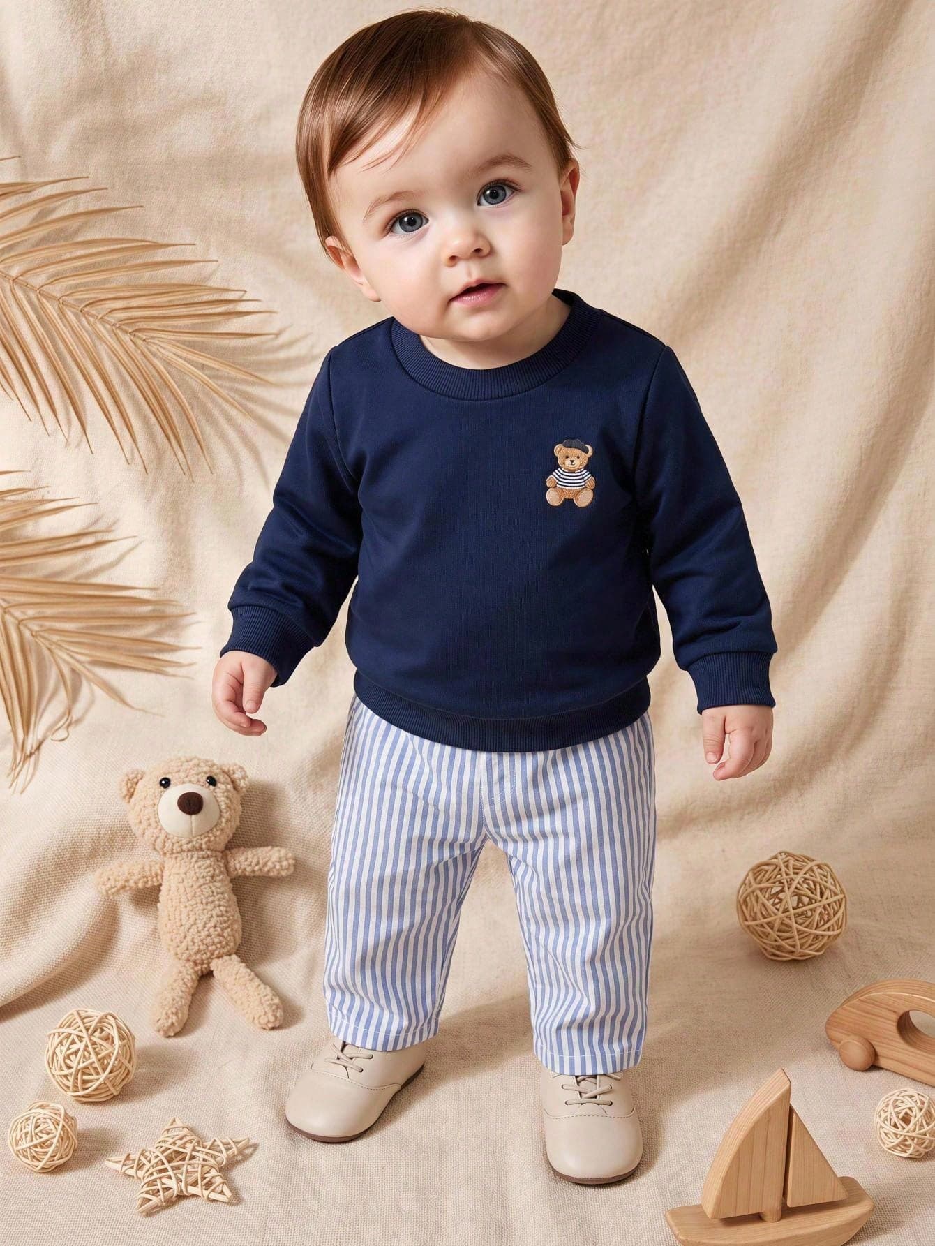 Souflis Souflis French Style New Baby Boys 0-3 Years 2-Piece Navy Blue Sweatshirt Set, Round Neck Sweatshirt With Bear Pattern Paired With Striped Long Pants, Suitable For Outings, School And Multiple Occasions