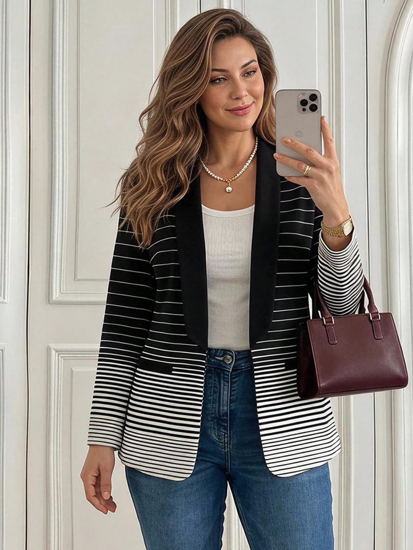 Miaspire Women's Plus Size Striped Gradient Casual Daily Long Sleeve Jacket Autumn Outfit For Women  Going Out Tops  School  Elegant Women's Blouses